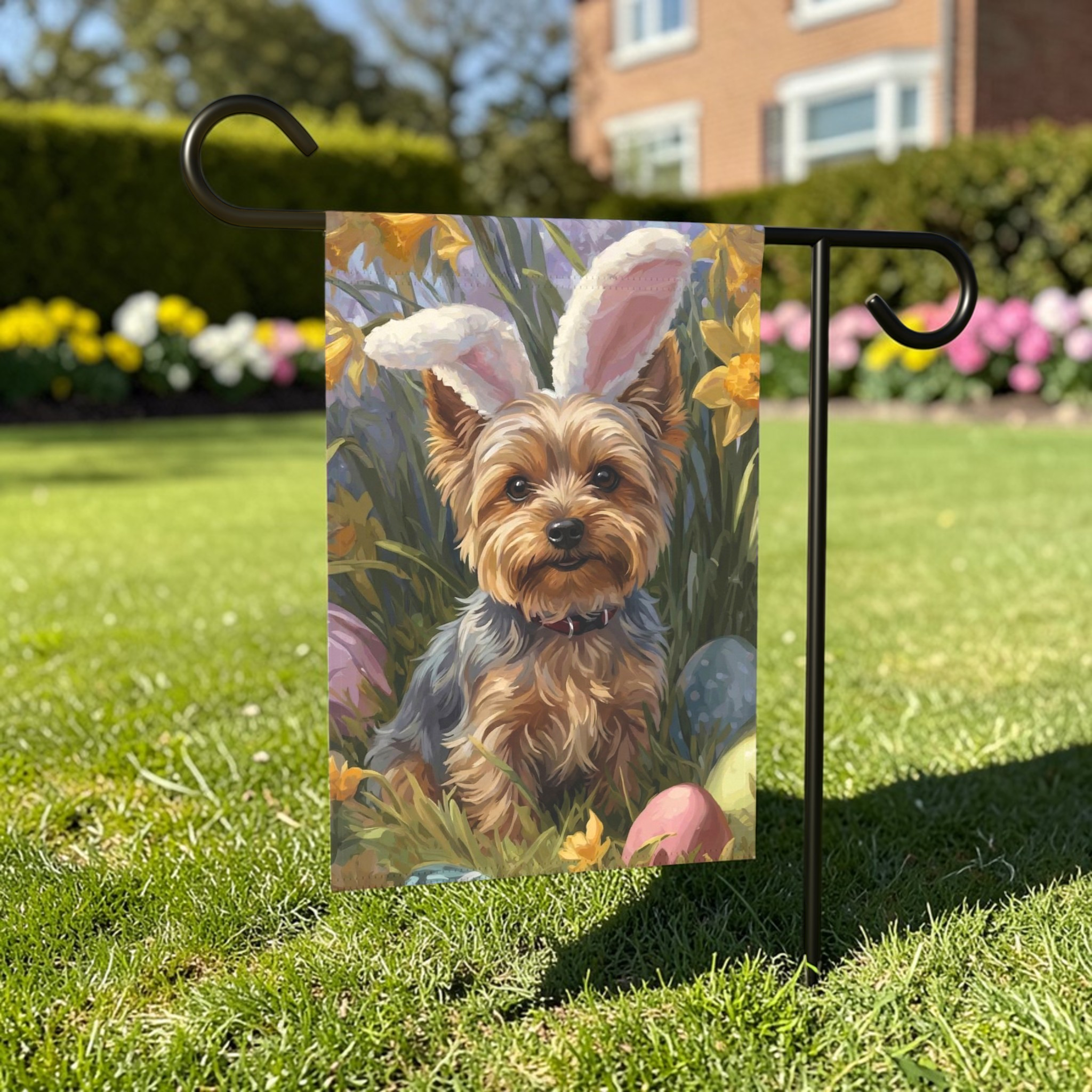 Pink Bunny Ears Yorkshire Terrier Easter Garden Flag