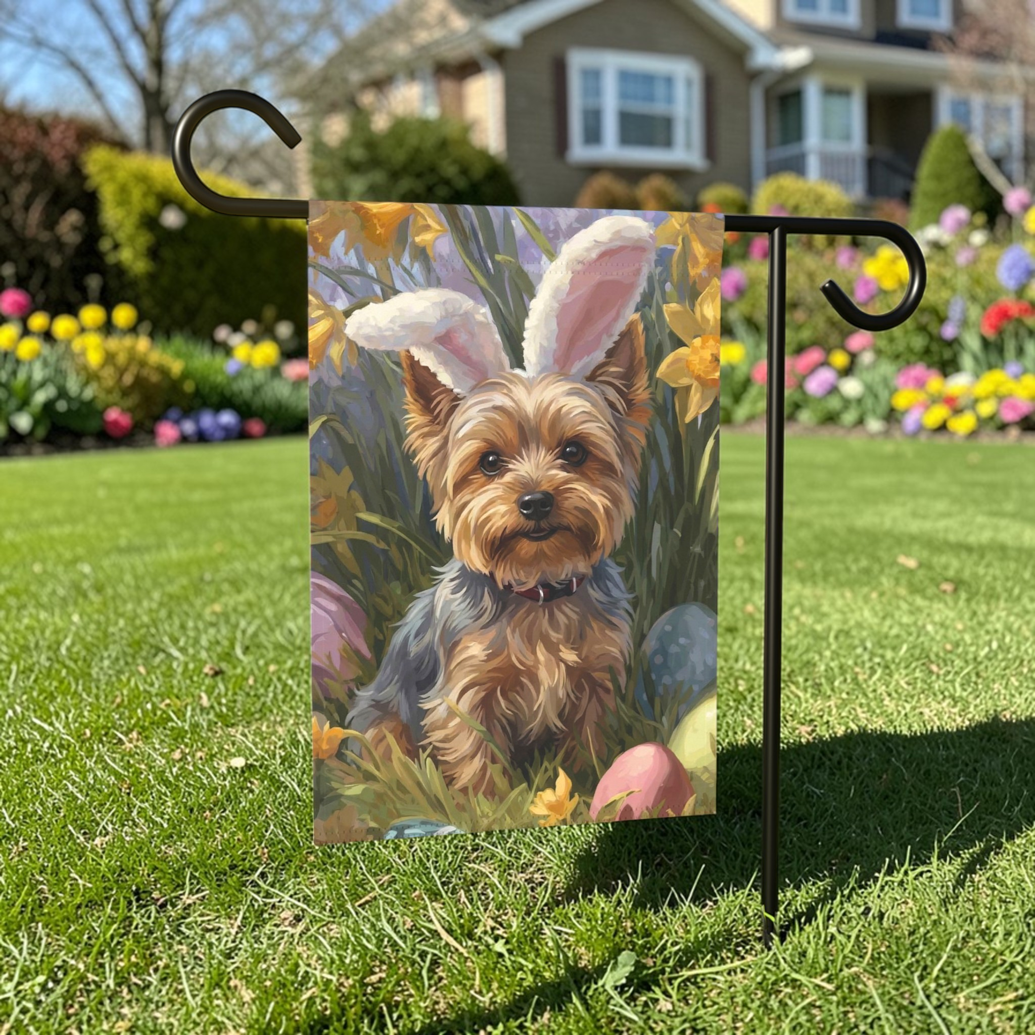Pink Bunny Ears Yorkshire Terrier Easter Garden Flag