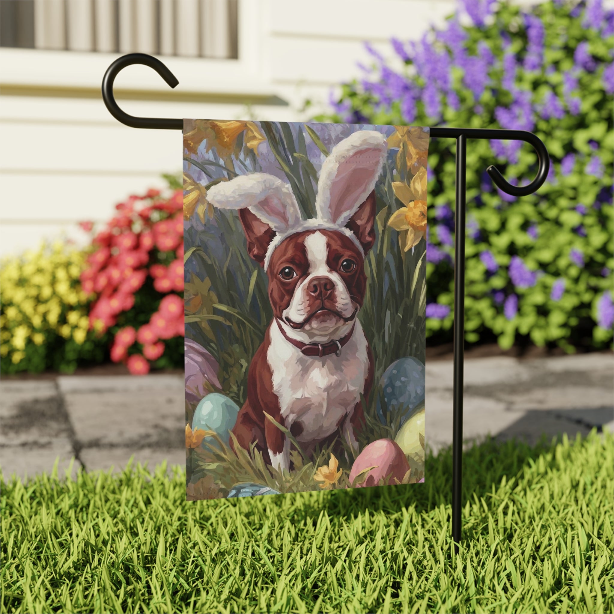 Pink Bunny Ears Red Boston Terrier Easter Garden Flag