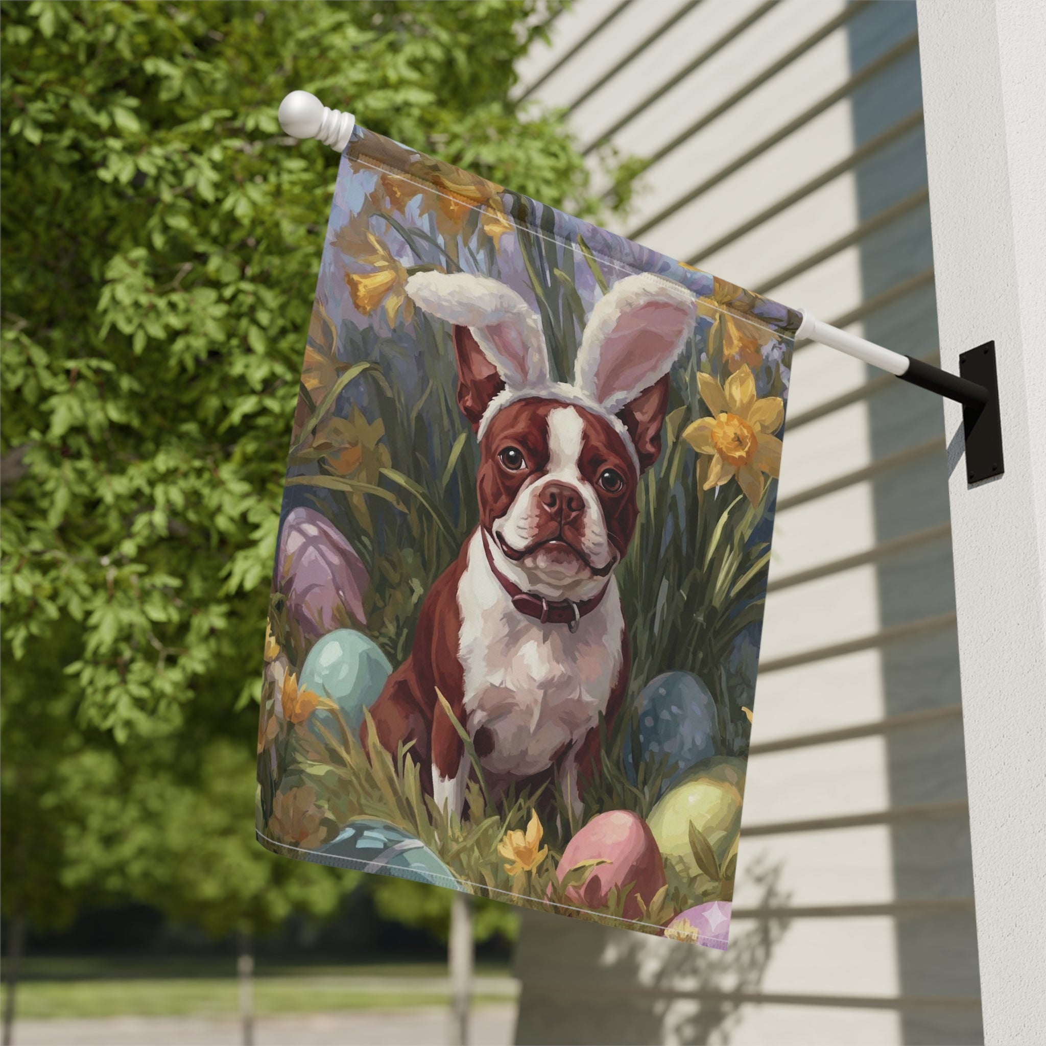 Pink Bunny Ears Red Boston Terrier Easter Garden Flag