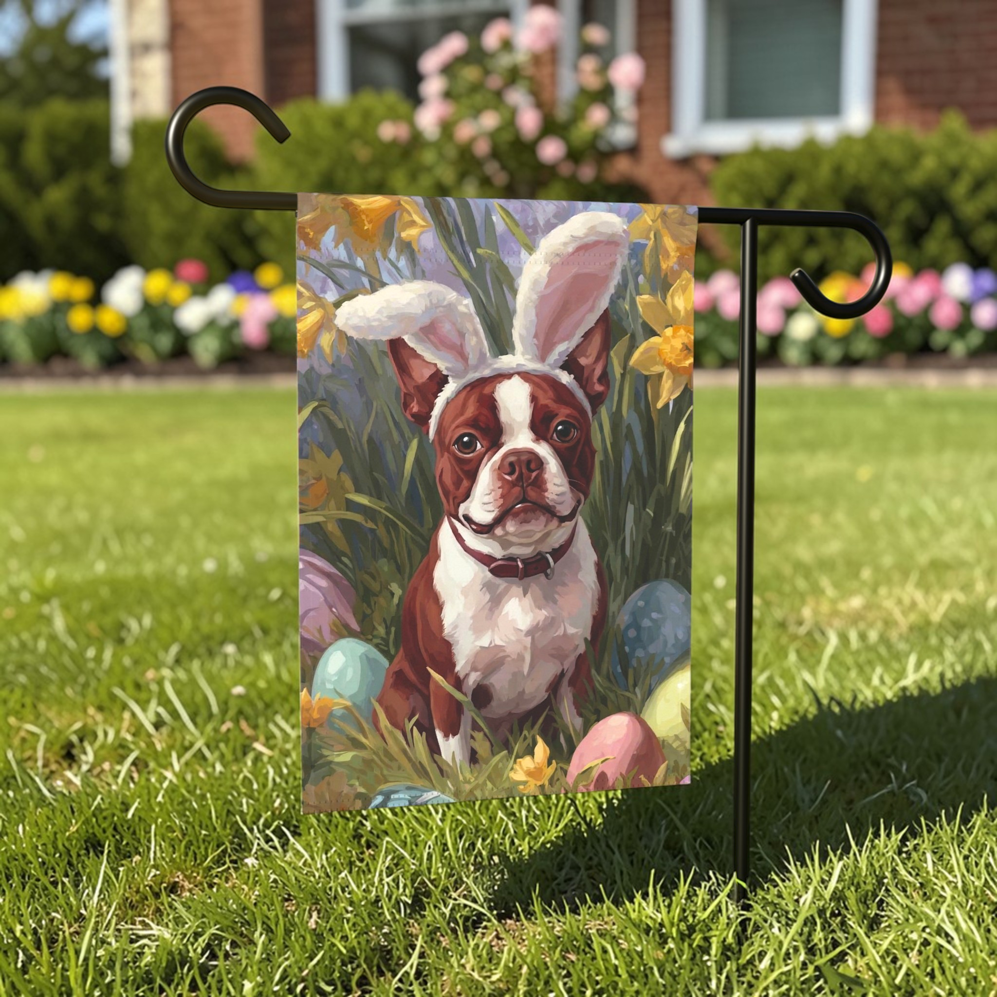 Pink Bunny Ears Red Boston Terrier Easter Garden Flag