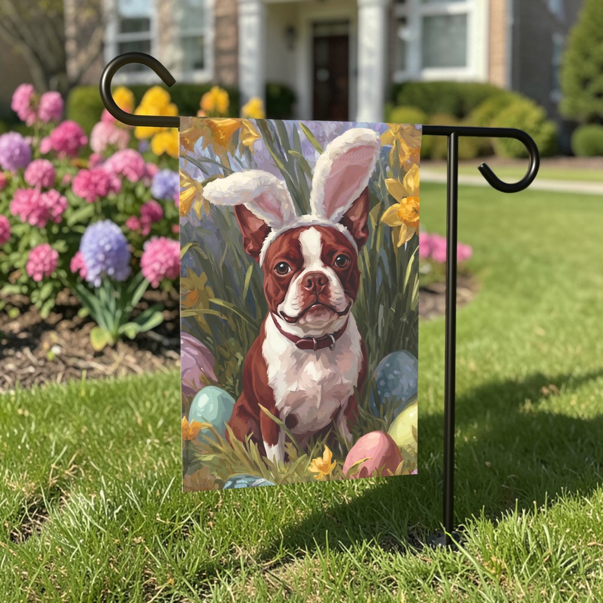 Pink Bunny Ears Red Boston Terrier Easter Garden Flag