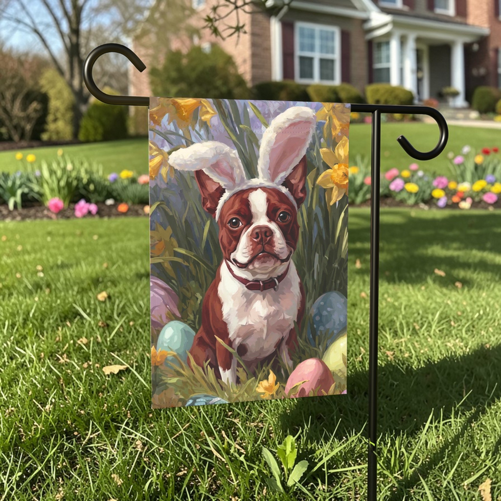 Pink Bunny Ears Red Boston Terrier Easter Garden Flag