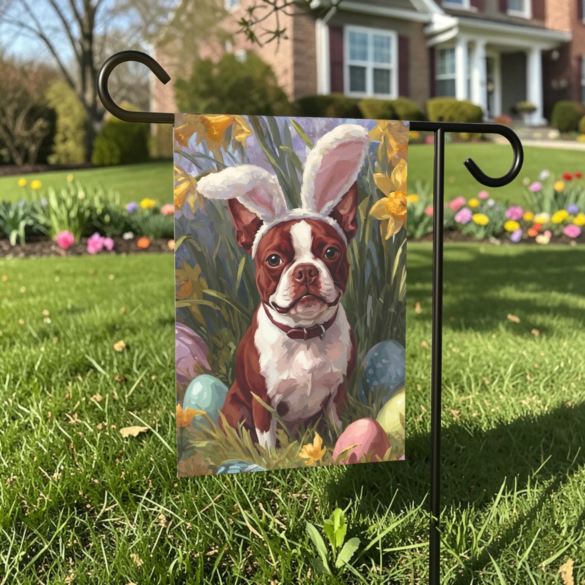 Pink Bunny Ears Red Boston Terrier Easter Garden Flag