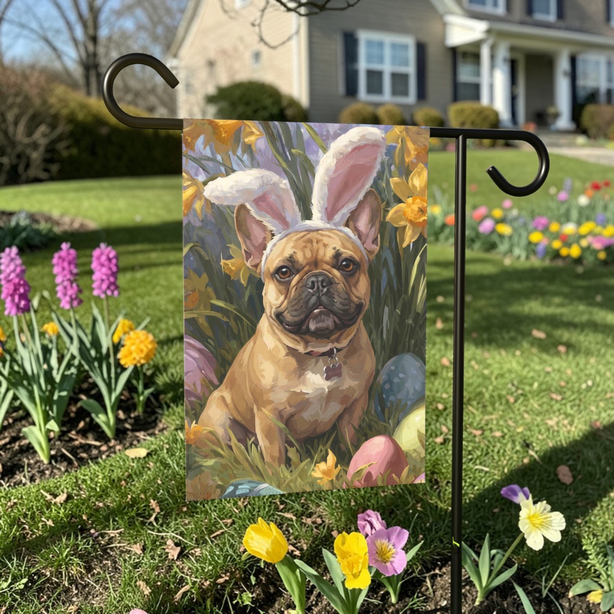 Pink Bunny Ears French Bulldog Easter Flag