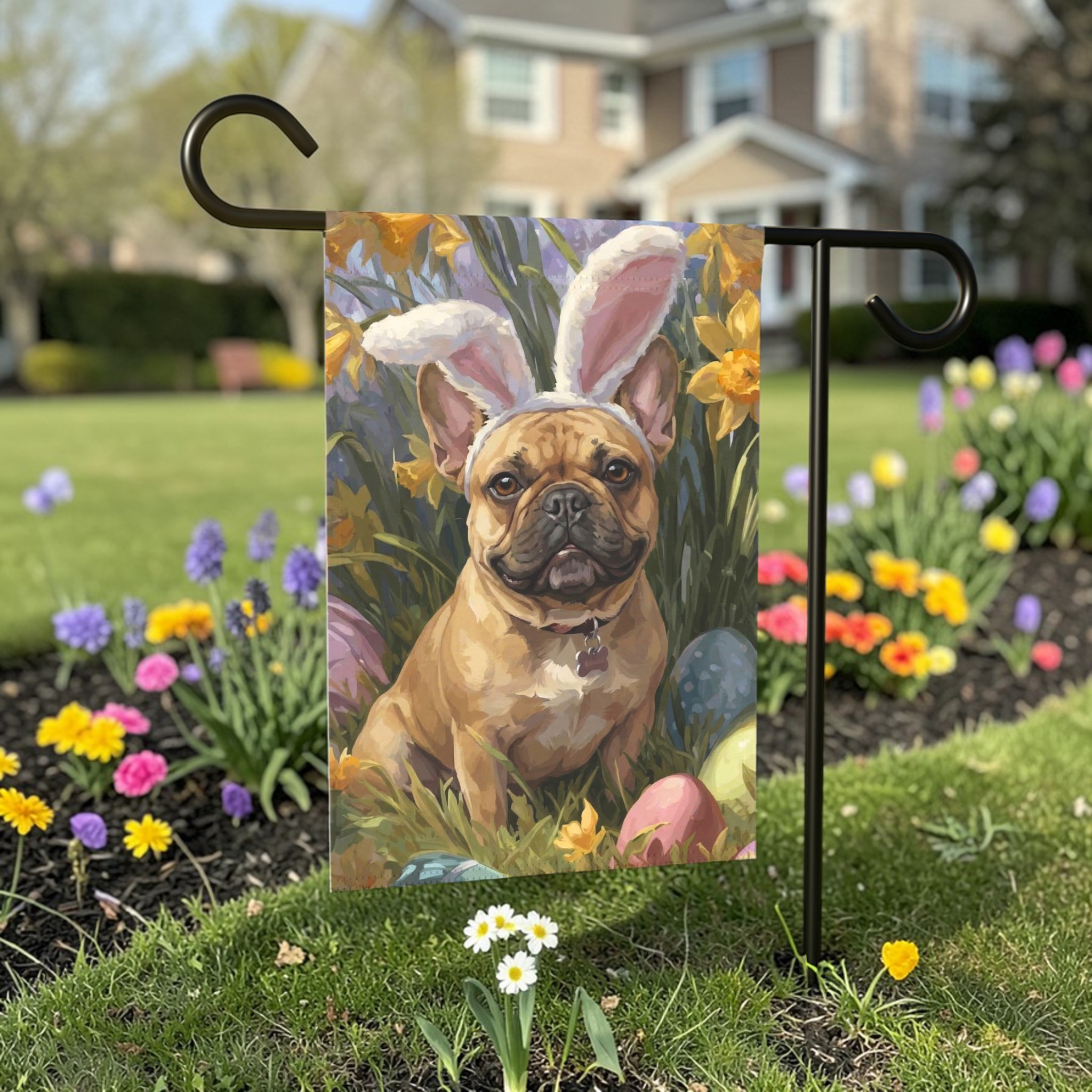 Pink Bunny Ears French Bulldog Easter Flag