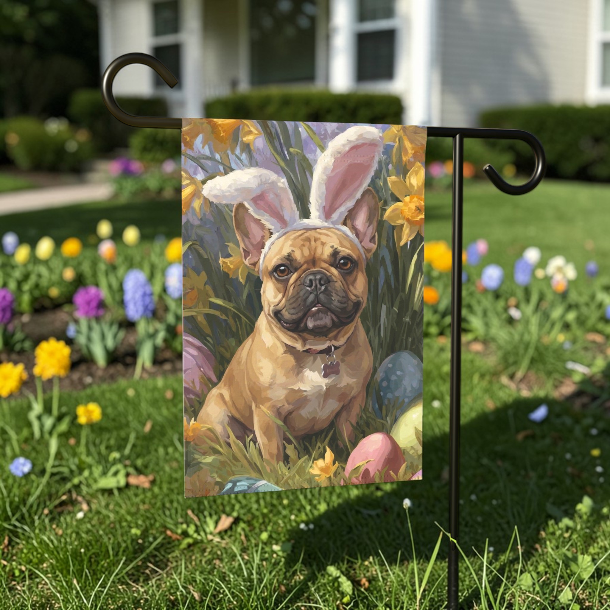 Pink Bunny Ears French Bulldog Easter Flag
