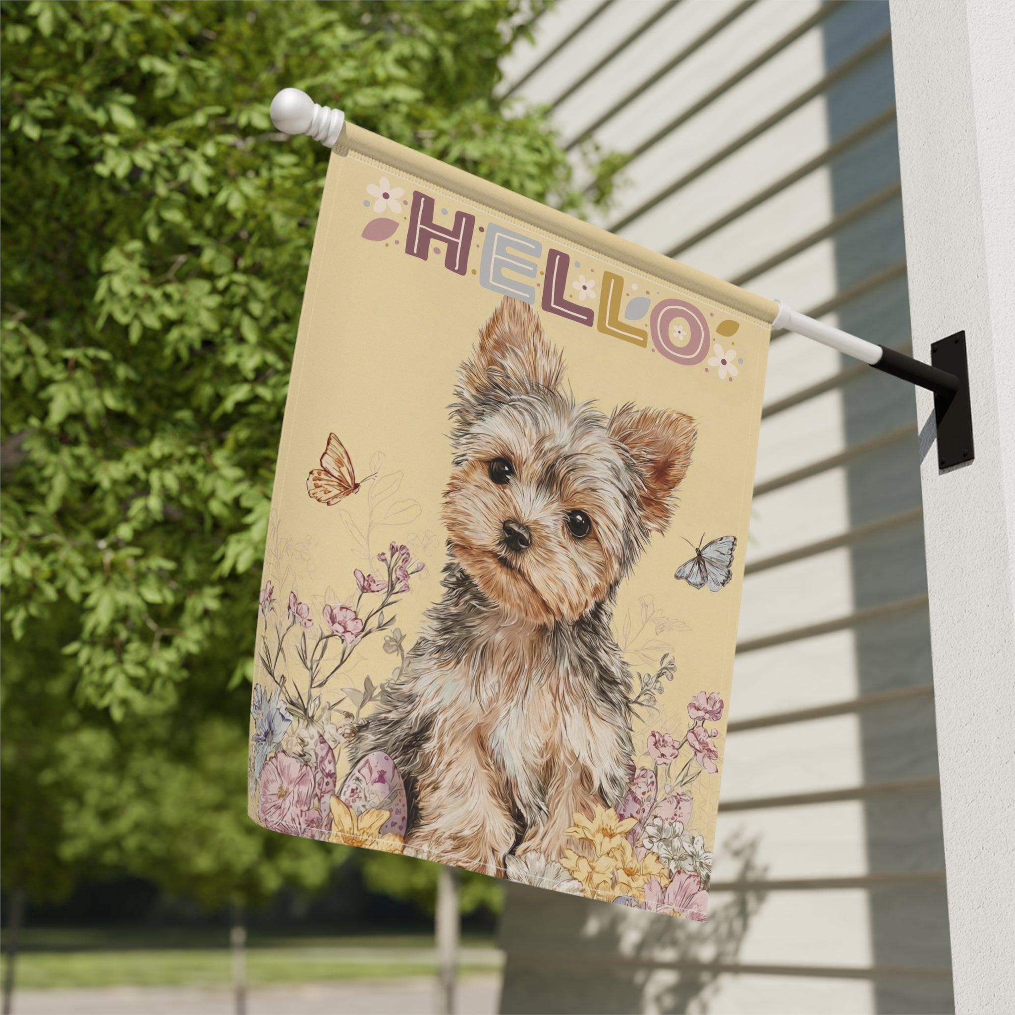 Hello  Floral Yorkshire Terrier Garden Flag - yard display - Dragonfire Gardens