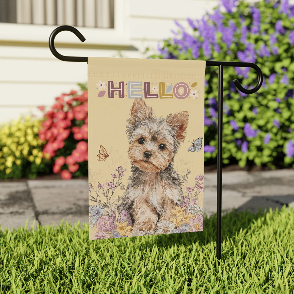 Hello  Floral Yorkshire Terrier Garden Flag - close-up detail - Dragonfire Gardens