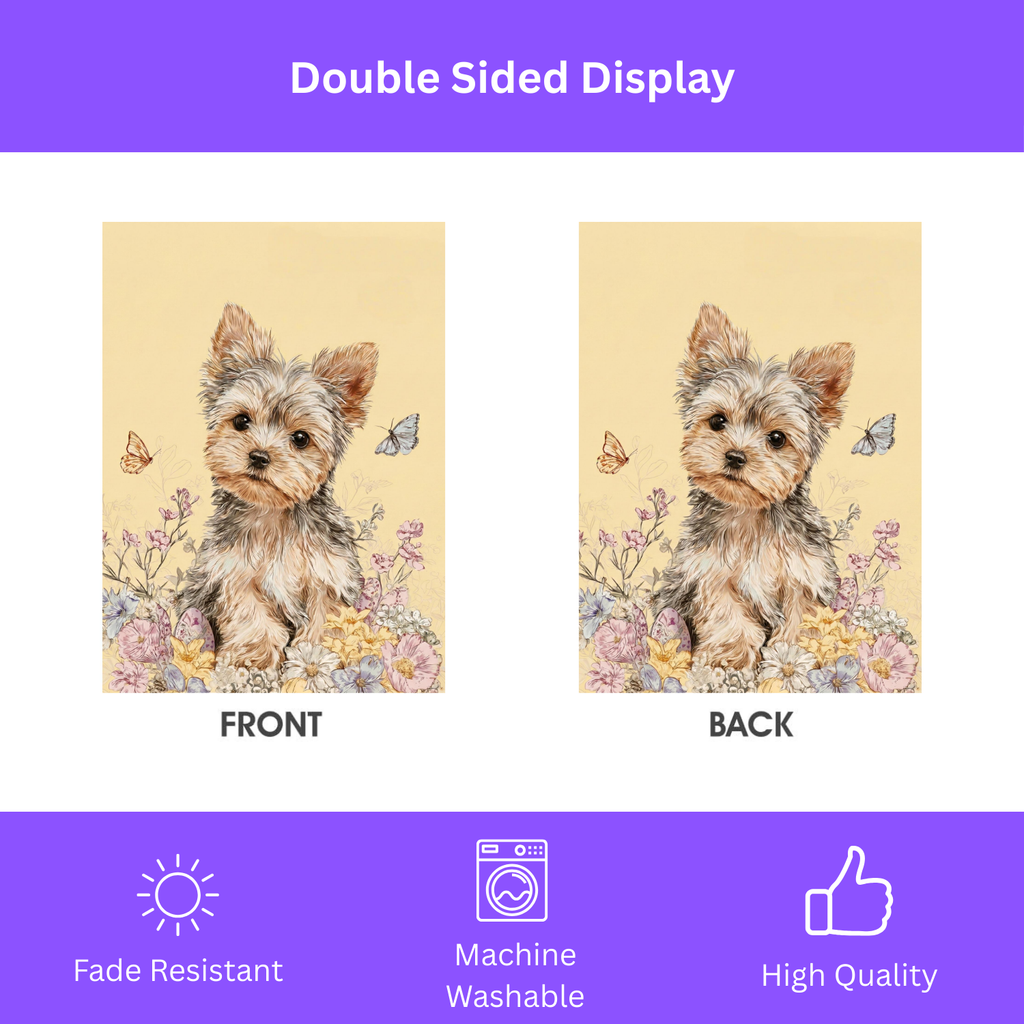 Hello  Floral Yorkshire Terrier Garden Flag - lifestyle display - Dragonfire Gardens