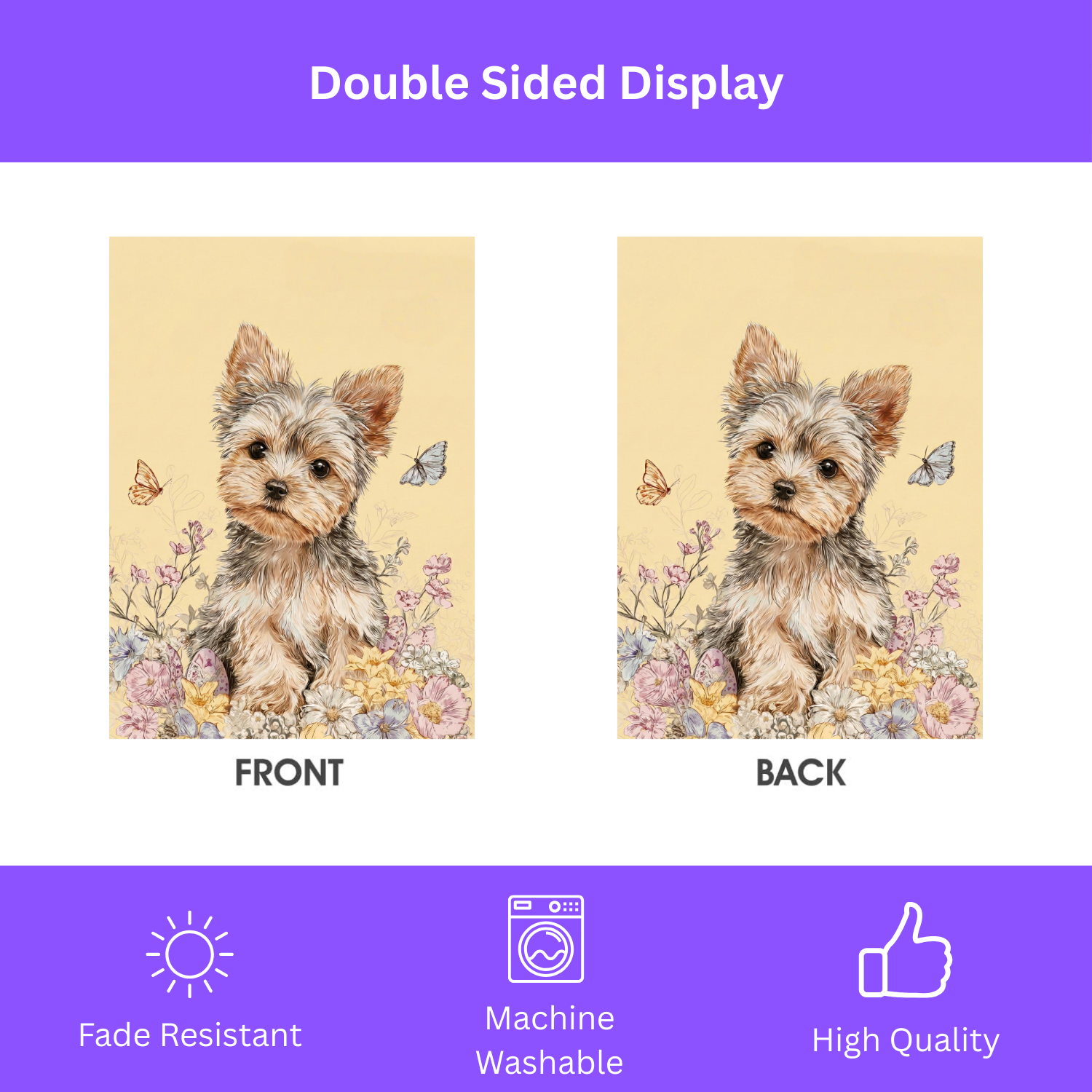 Hello  Floral Yorkshire Terrier Garden Flag - lifestyle display - Dragonfire Gardens