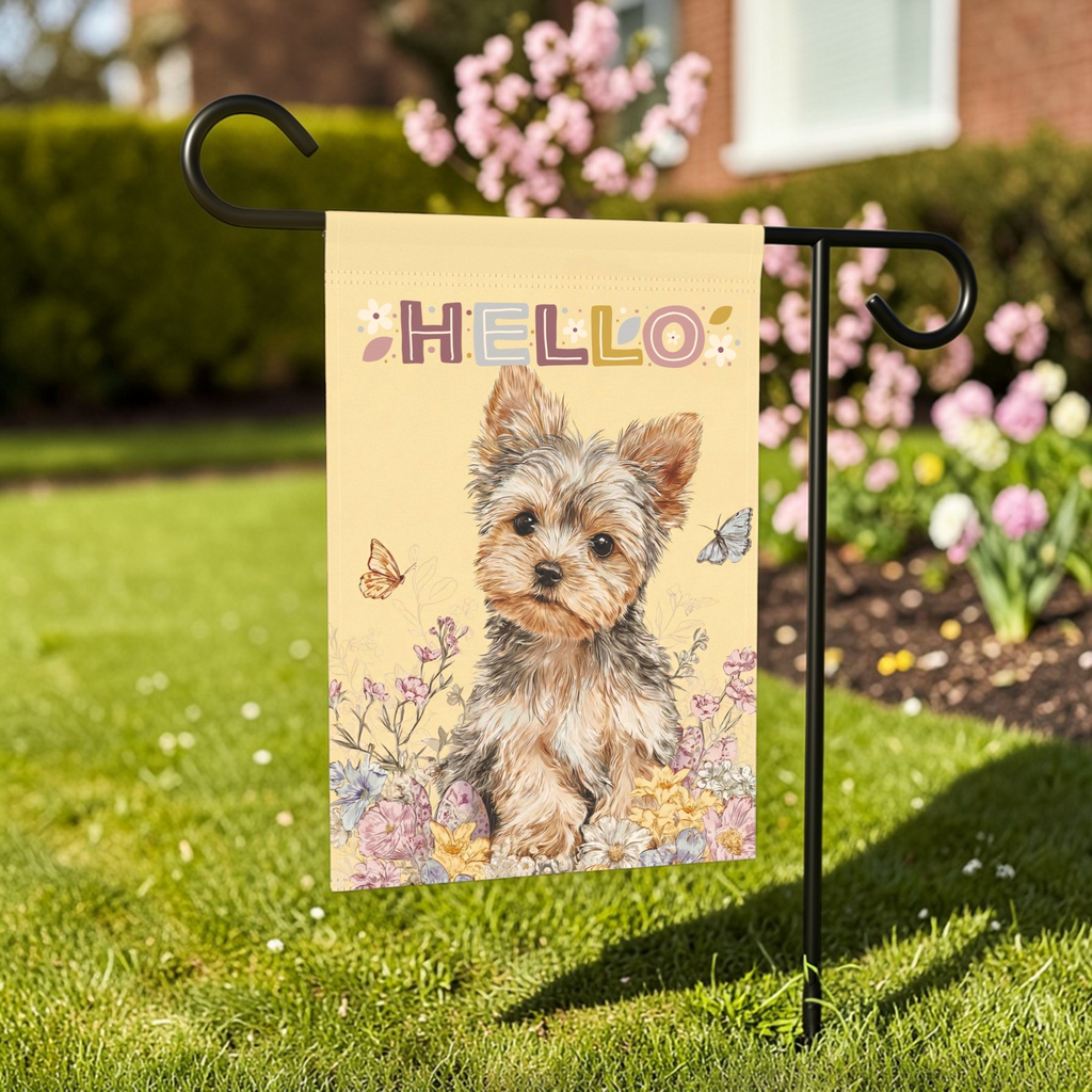 Hello  Floral Yorkshire Terrier Garden Flag - outdoor display - Dragonfire Gardens