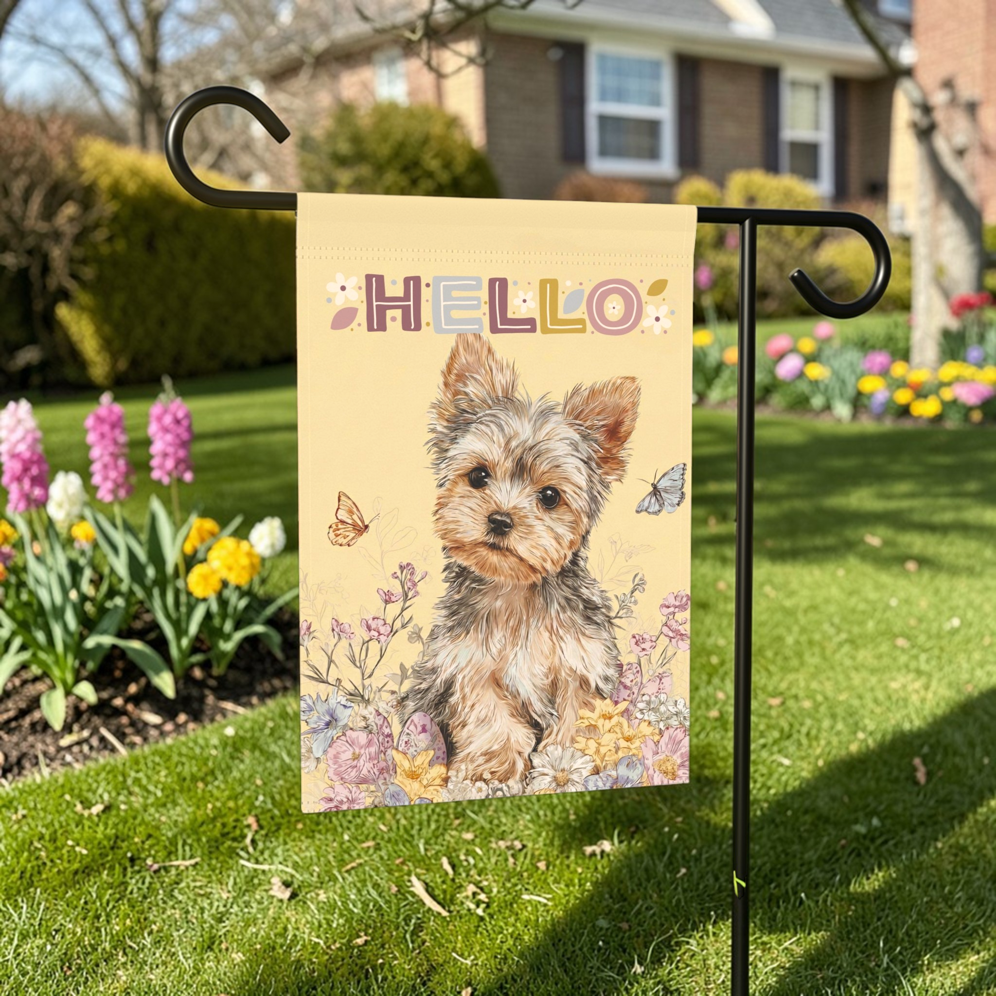 Hello  Floral Yorkshire Terrier Garden Flag - front view - Dragonfire Gardens
