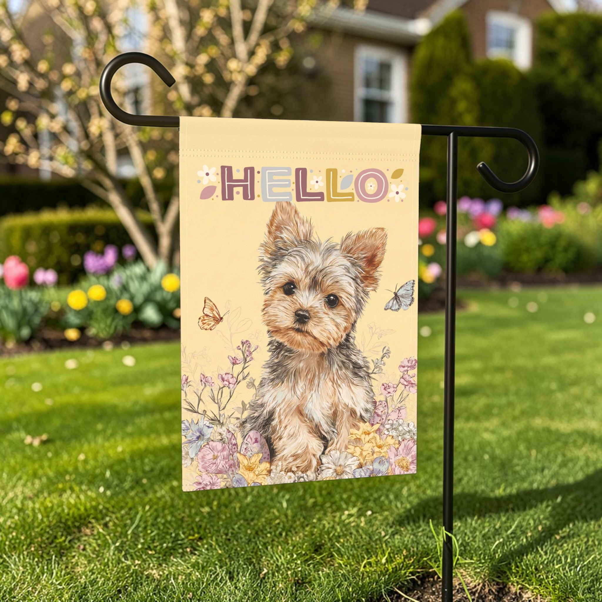 Hello  Floral Yorkshire Terrier Garden Flag - size comparison - Dragonfire Gardens