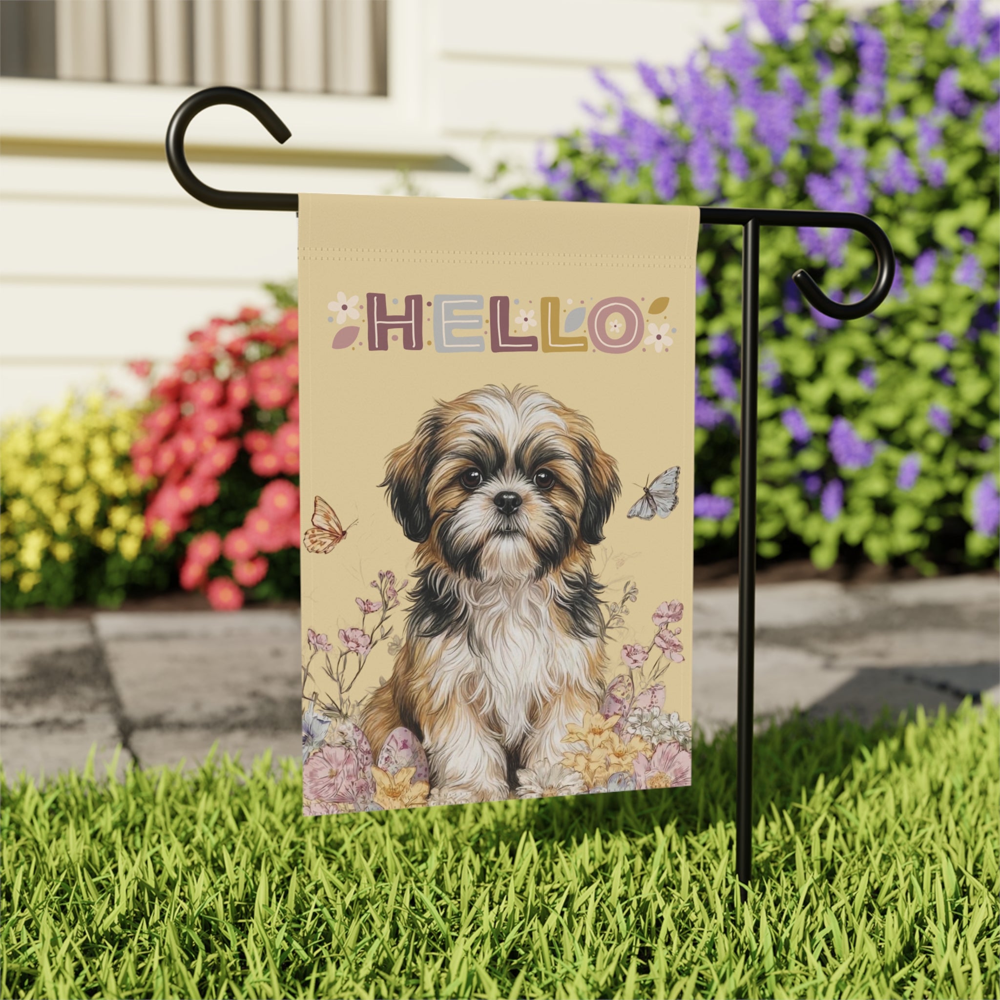 Hello Floral Shih Tzu Garden Flag - close-up detail - Dragonfire Gardens