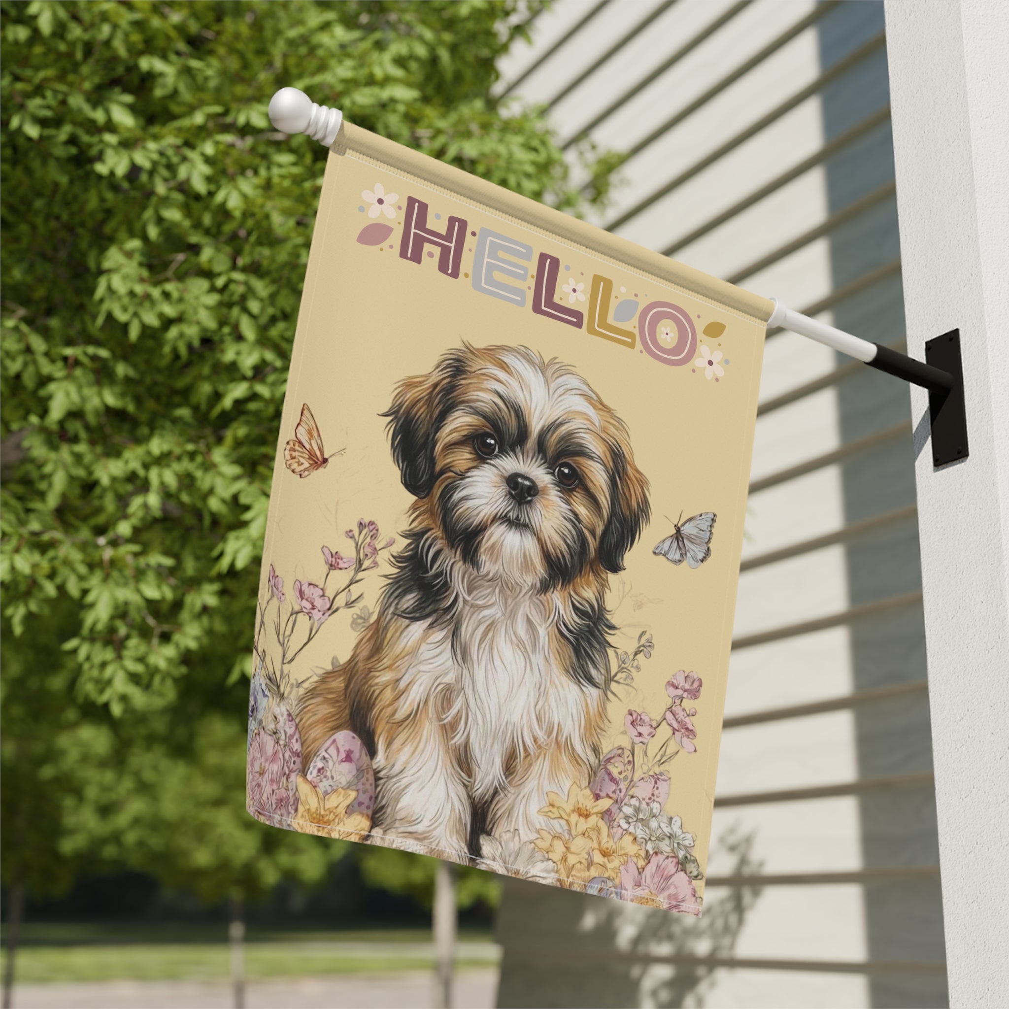 Hello Floral Shih Tzu Garden Flag - yard display - Dragonfire Gardens