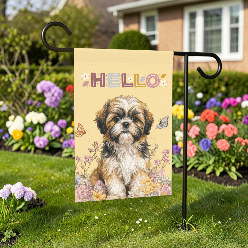 Hello Floral Shih Tzu Garden Flag - front view - Dragonfire Gardens