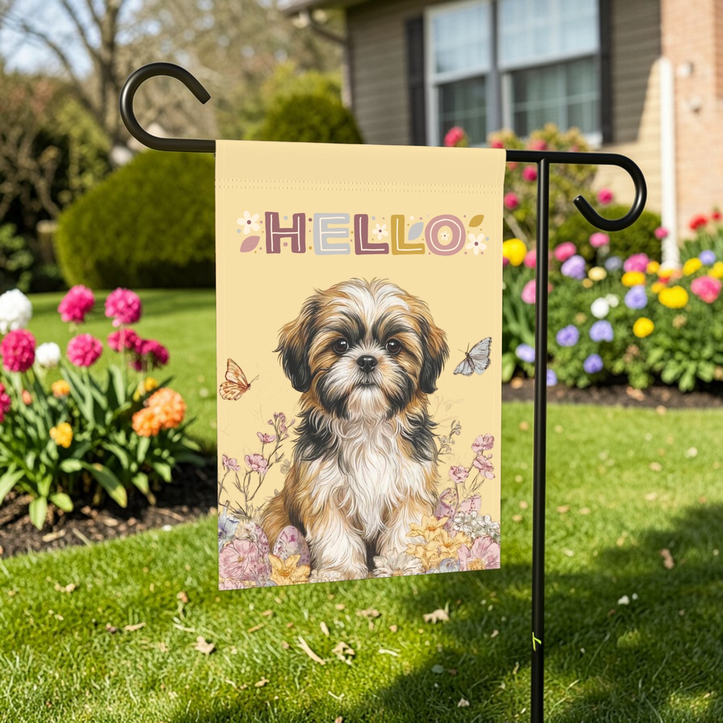 Hello Floral Shih Tzu Garden Flag - outdoor display - Dragonfire Gardens
