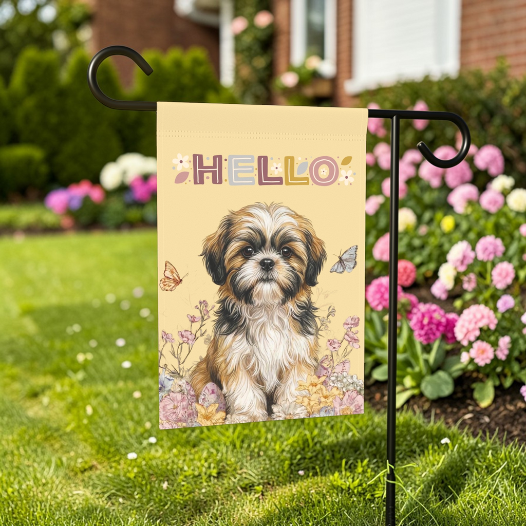 Hello Floral Shih Tzu Garden Flag - lifestyle display - Dragonfire Gardens