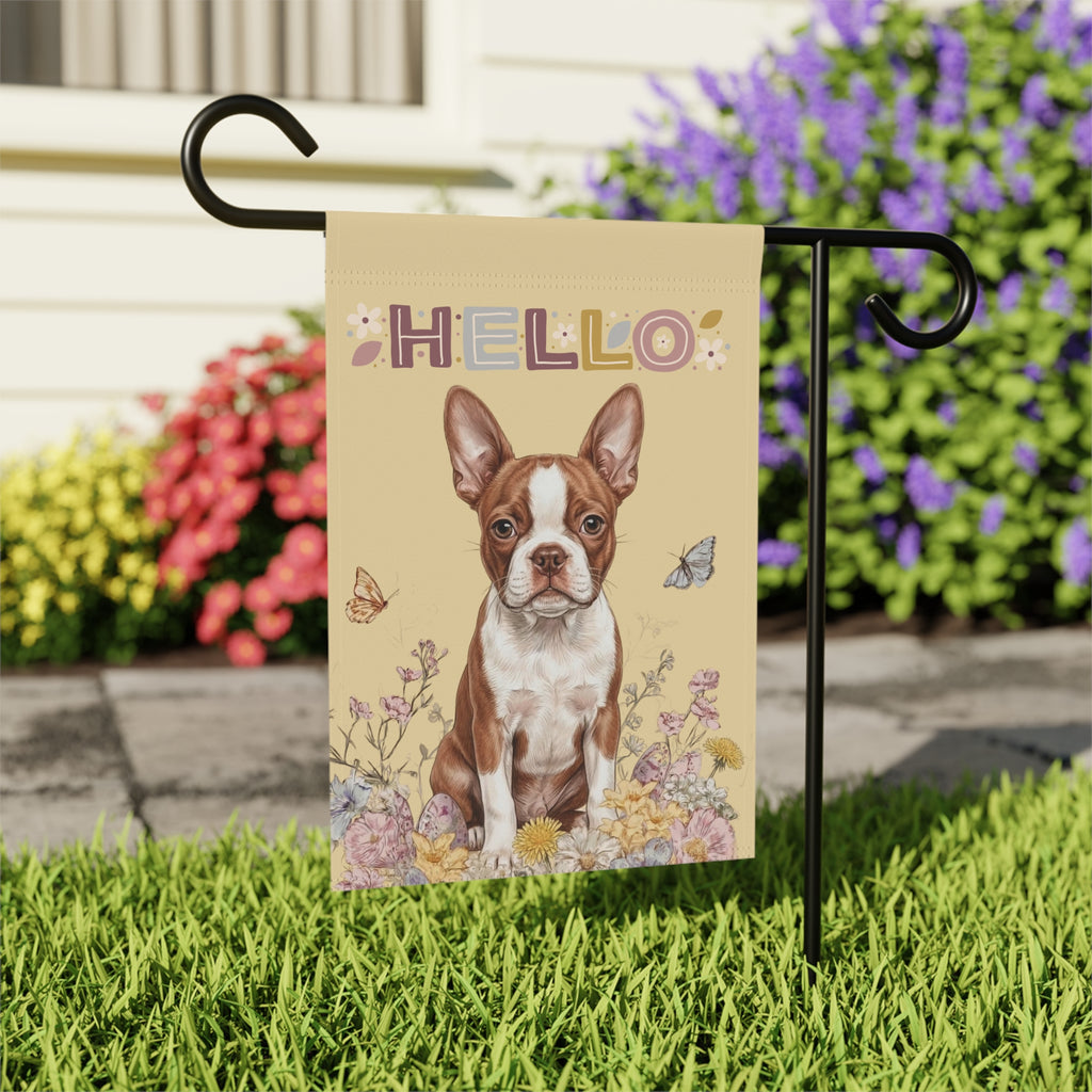 Hello Floral Red Boston Terrier Garden Flag