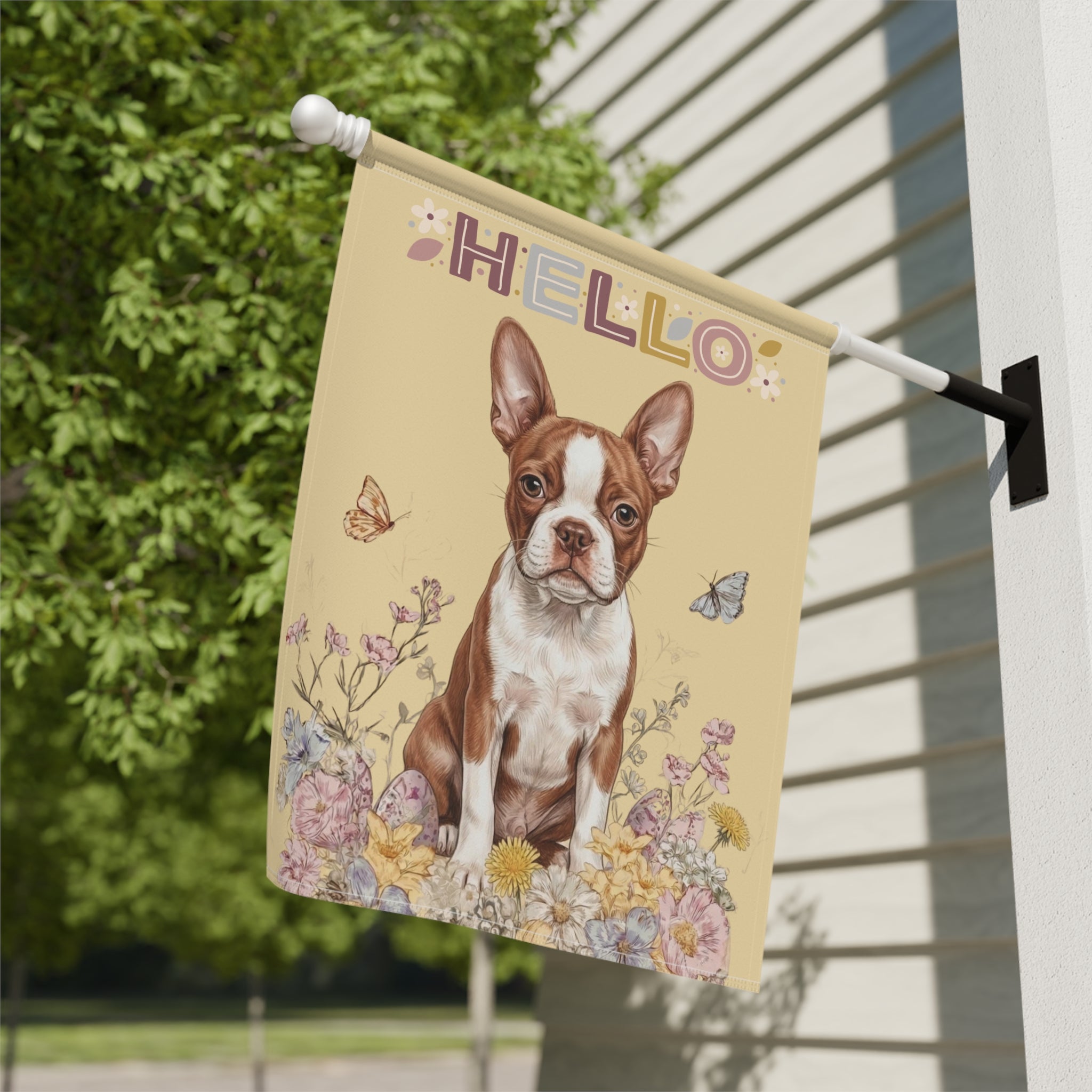 Hello Floral Red Boston Terrier Garden Flag - yard display - Dragonfire Gardens