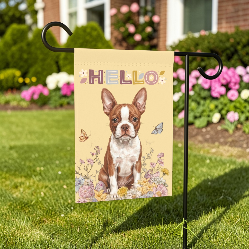Hello Floral Red Boston Terrier Garden Flag