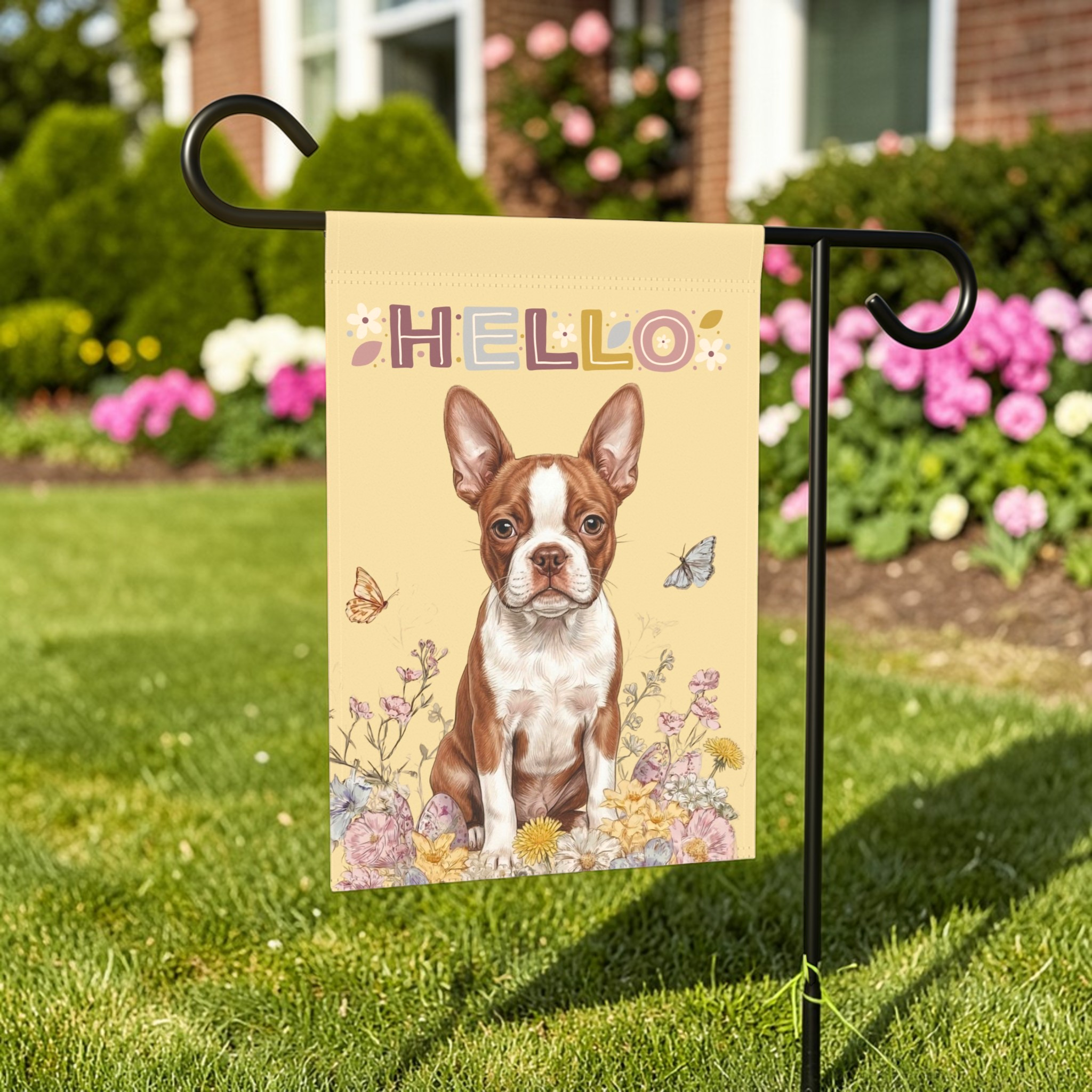 Hello Floral Red Boston Terrier Garden Flag