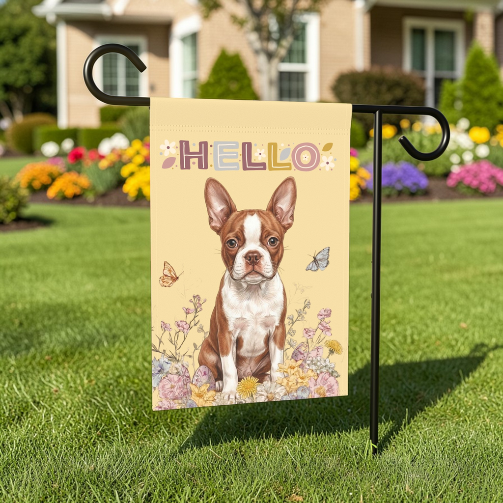 Hello Floral Red Boston Terrier Garden Flag