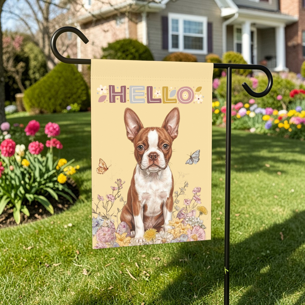 Hello Floral Red Boston Terrier Garden Flag