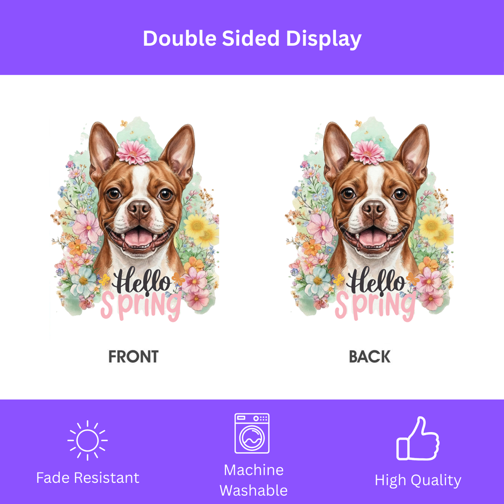 Hello Spring Flowers Red Boston Terrier Garden Flag - porch decor - Dragonfire Gardens