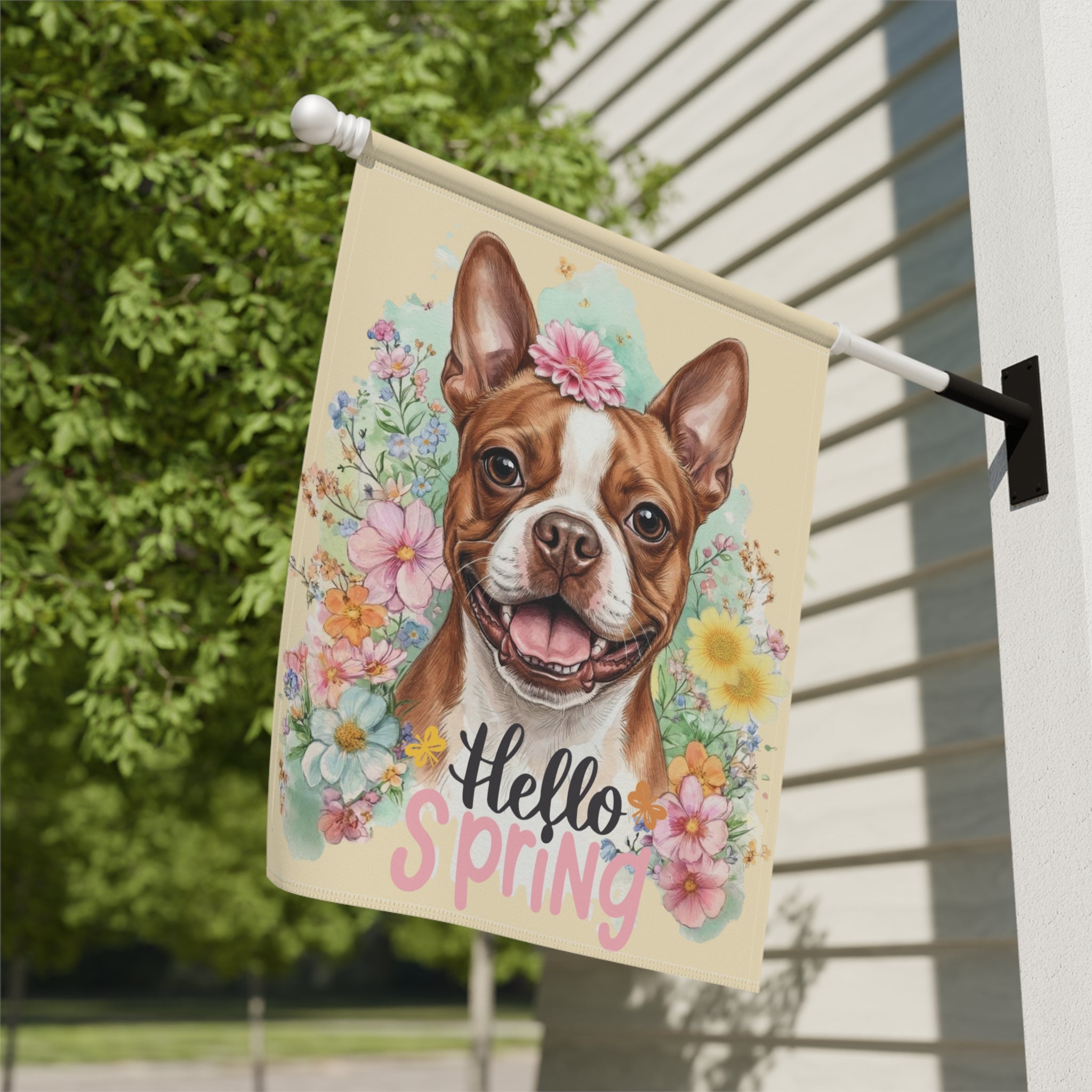 Hello Spring Flowers Red Boston Terrier Garden Flag - yard display - Dragonfire Gardens