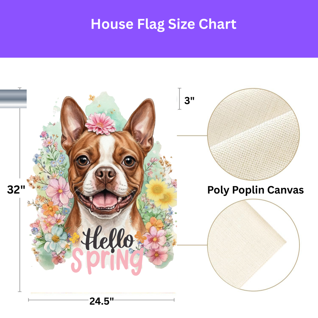 Hello Spring Flowers Red Boston Terrier Garden Flag - size comparison - Dragonfire Gardens