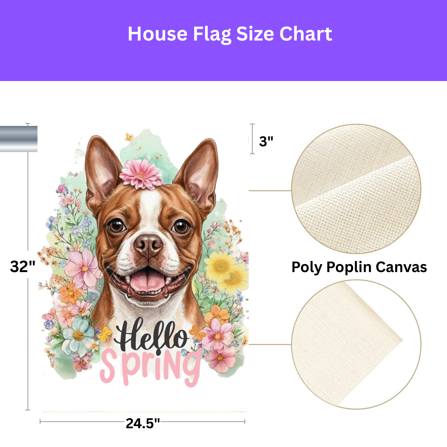 Hello Spring Flowers Red Boston Terrier Garden Flag - size comparison - Dragonfire Gardens
