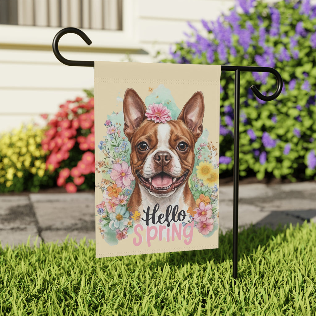 Hello Spring Flowers Red Boston Terrier Garden Flag - close-up detail - Dragonfire Gardens