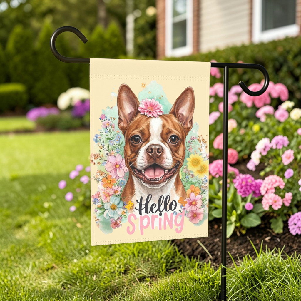 Hello Spring Flowers Red Boston Terrier Garden Flag - outdoor display - Dragonfire Gardens