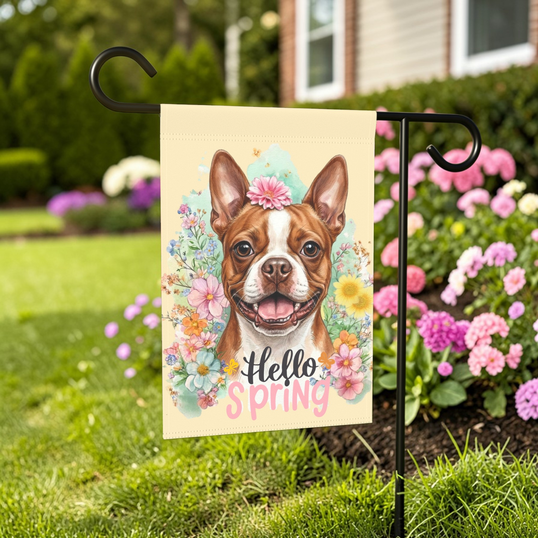 Hello Spring Flowers Red Boston Terrier Garden Flag - outdoor display - Dragonfire Gardens