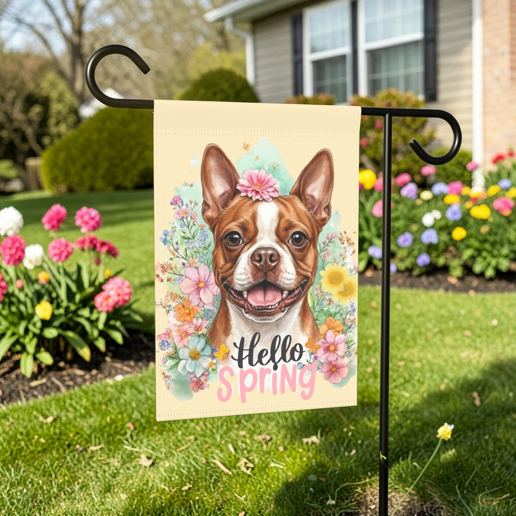 Hello Spring Flowers Red Boston Terrier Garden Flag - front view - Dragonfire Gardens