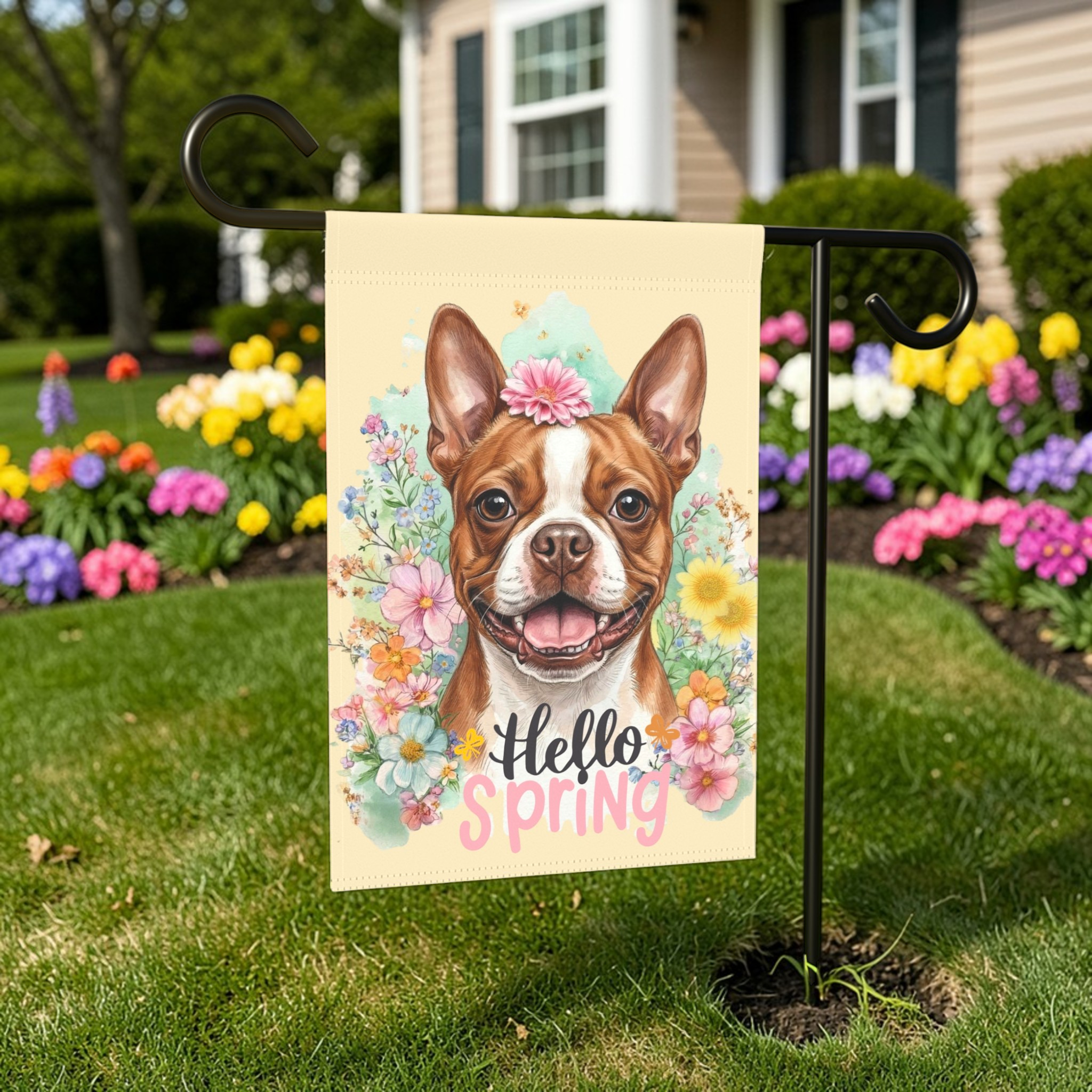 Hello Spring Flowers Red Boston Terrier Garden Flag - lifestyle display - Dragonfire Gardens