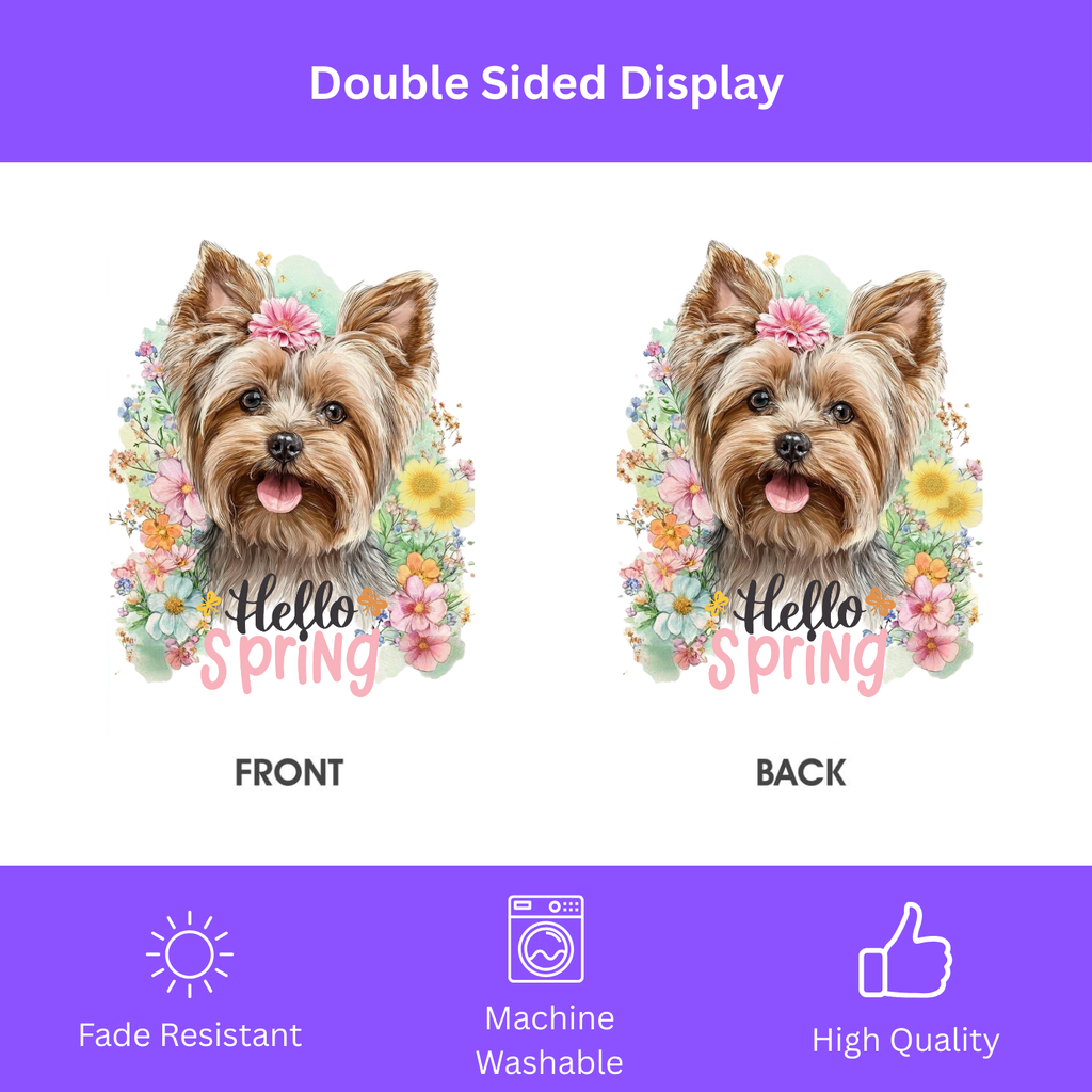 Hello Spring Flowers Yorkshire Terrier Garden Flag - porch decor - Dragonfire Gardens