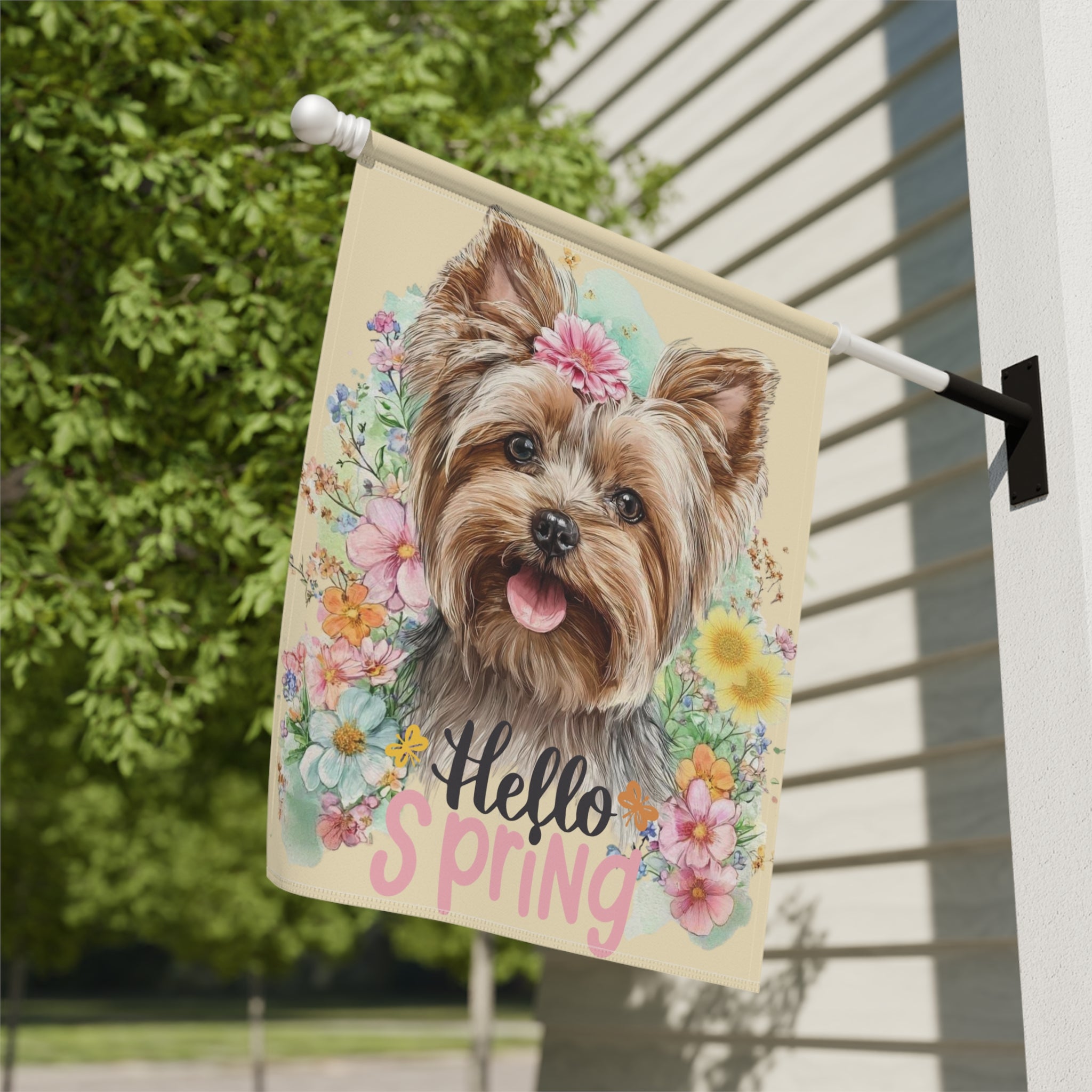 Hello Spring Flowers Yorkshire Terrier Garden Flag - yard display - Dragonfire Gardens