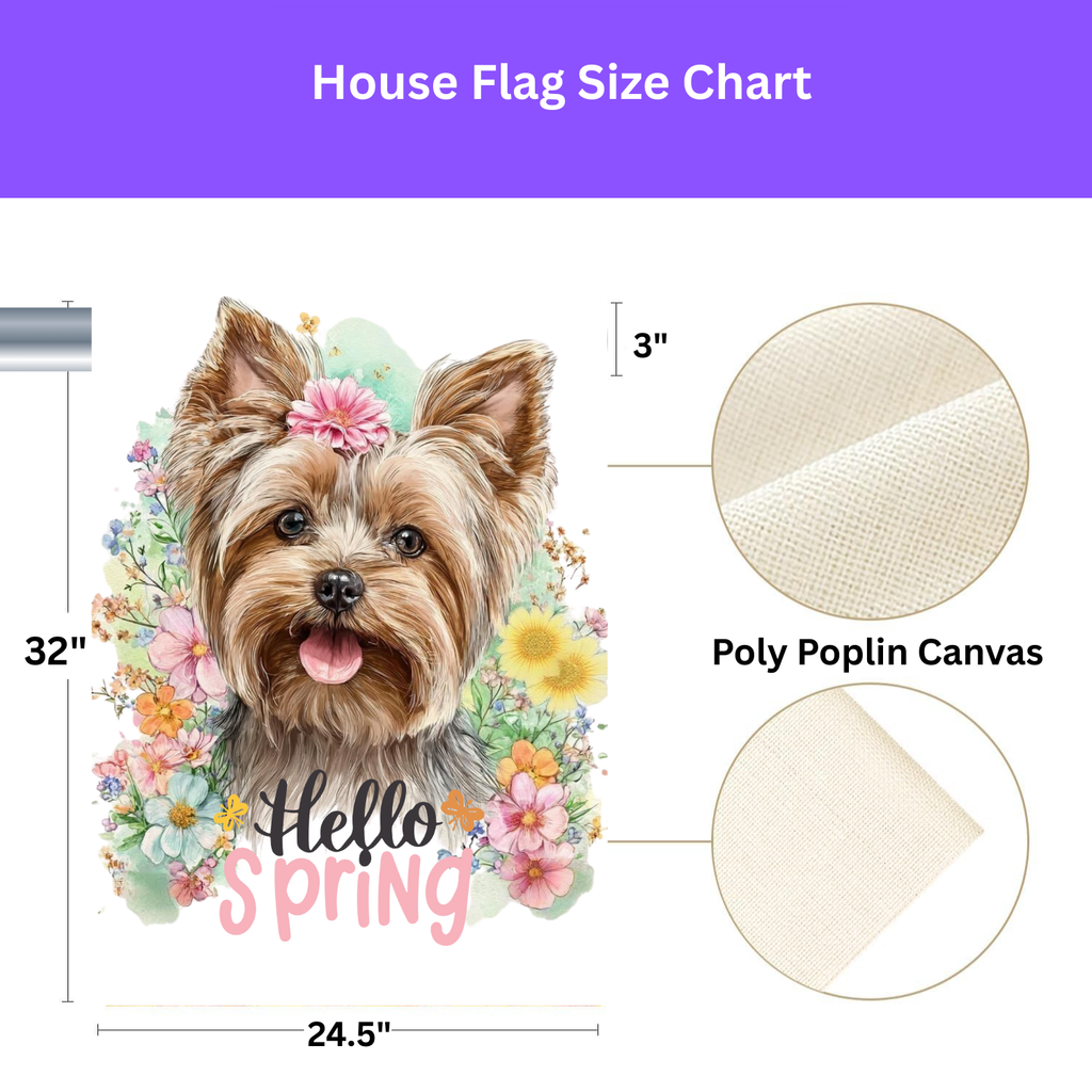 Hello Spring Flowers Yorkshire Terrier Garden Flag - size comparison - Dragonfire Gardens