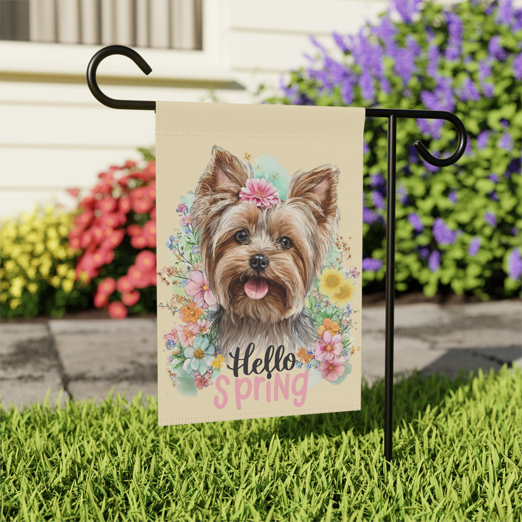 Hello Spring Flowers Yorkshire Terrier Garden Flag - close-up detail - Dragonfire Gardens