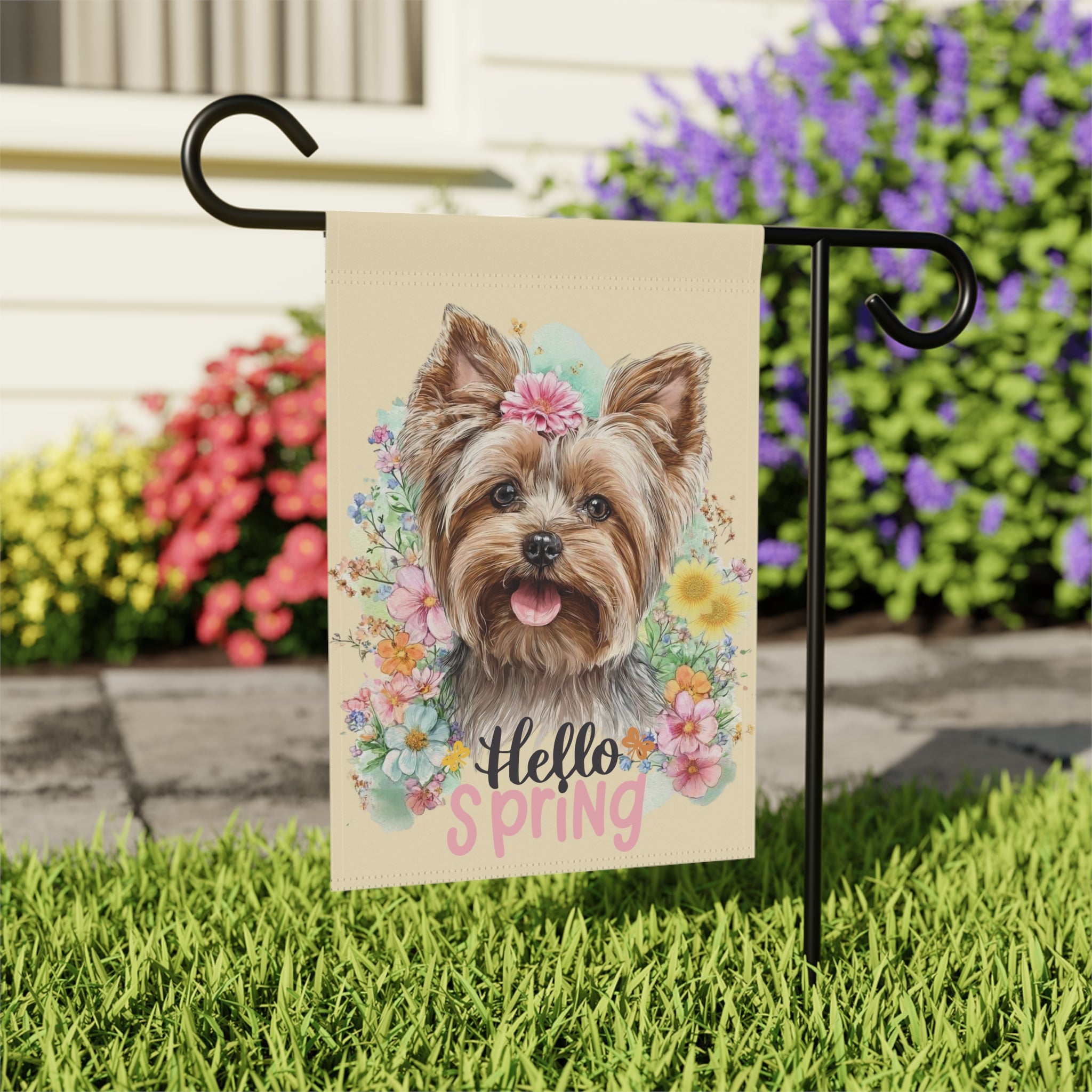 Hello Spring Flowers Yorkshire Terrier Garden Flag - close-up detail - Dragonfire Gardens