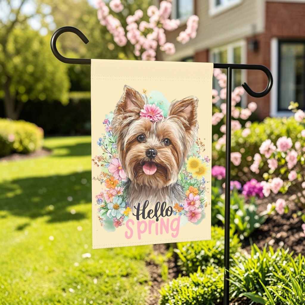 Hello Spring Flowers Yorkshire Terrier Garden Flag - lifestyle display - Dragonfire Gardens