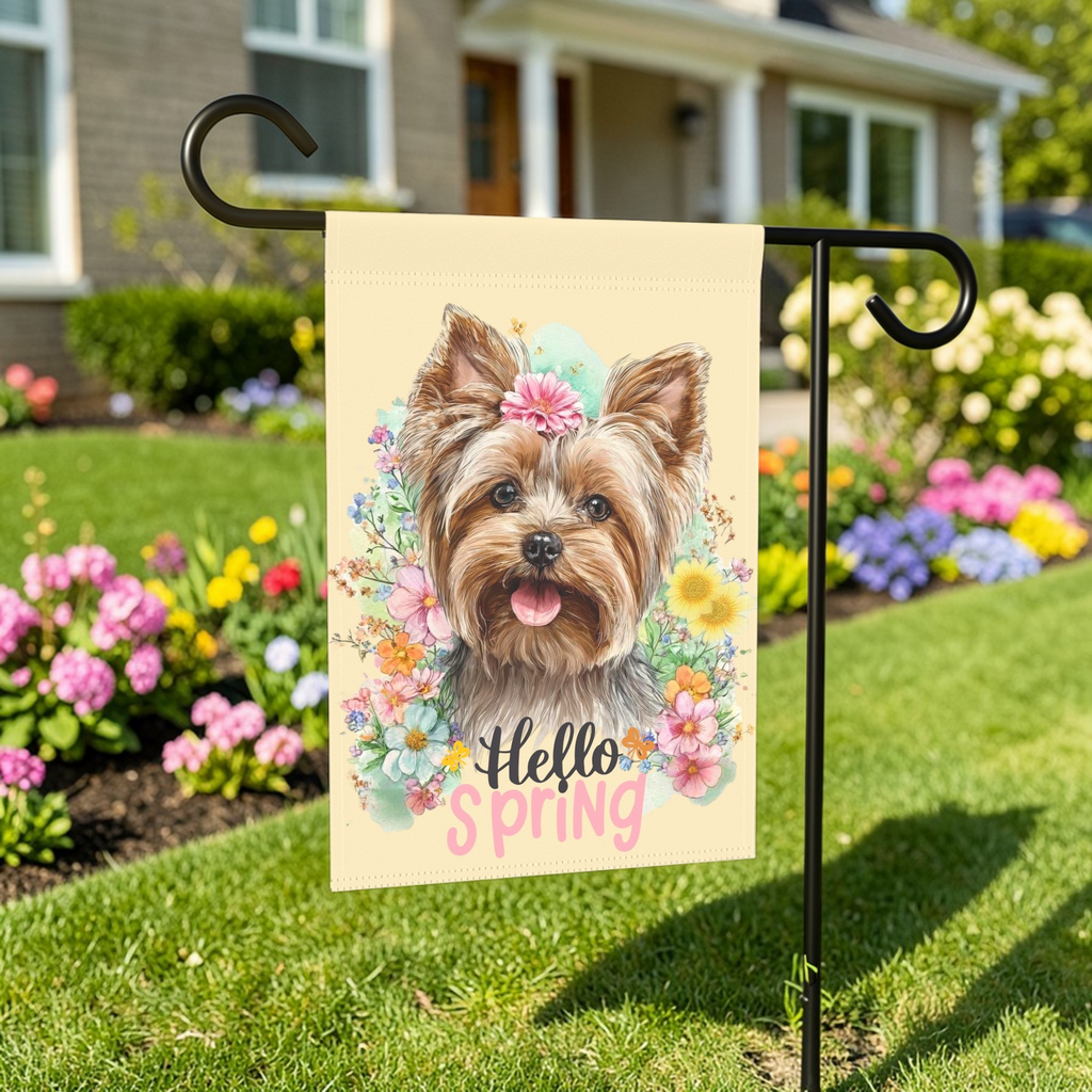 Hello Spring Flowers Yorkshire Terrier Garden Flag - front view - Dragonfire Gardens