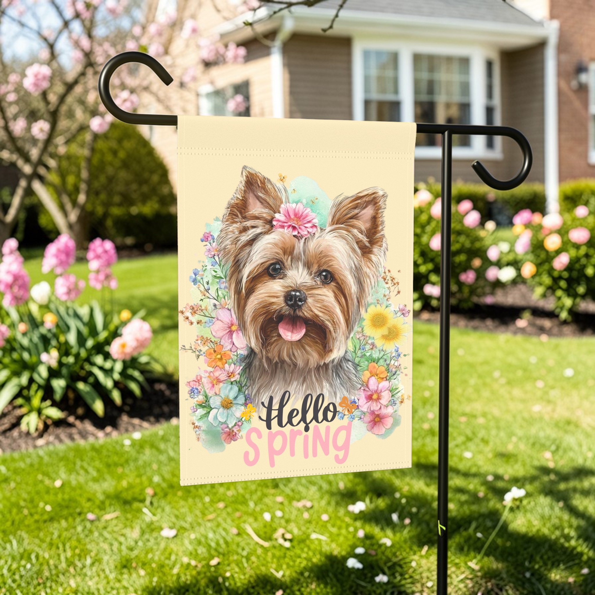 Hello Spring Flowers Yorkshire Terrier Garden Flag - outdoor display - Dragonfire Gardens
