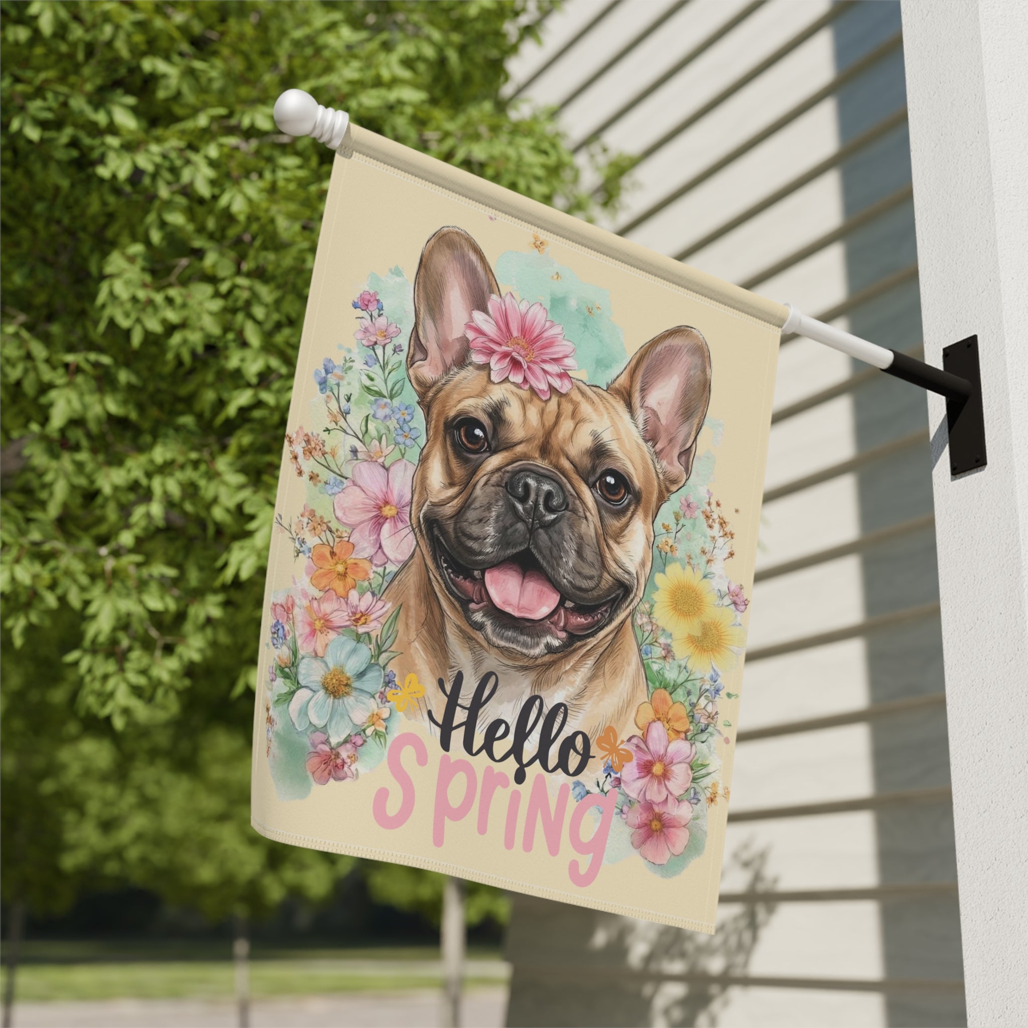 Hello Spring Flower French Bulldog Garden Flag - yard display - Dragonfire Gardens