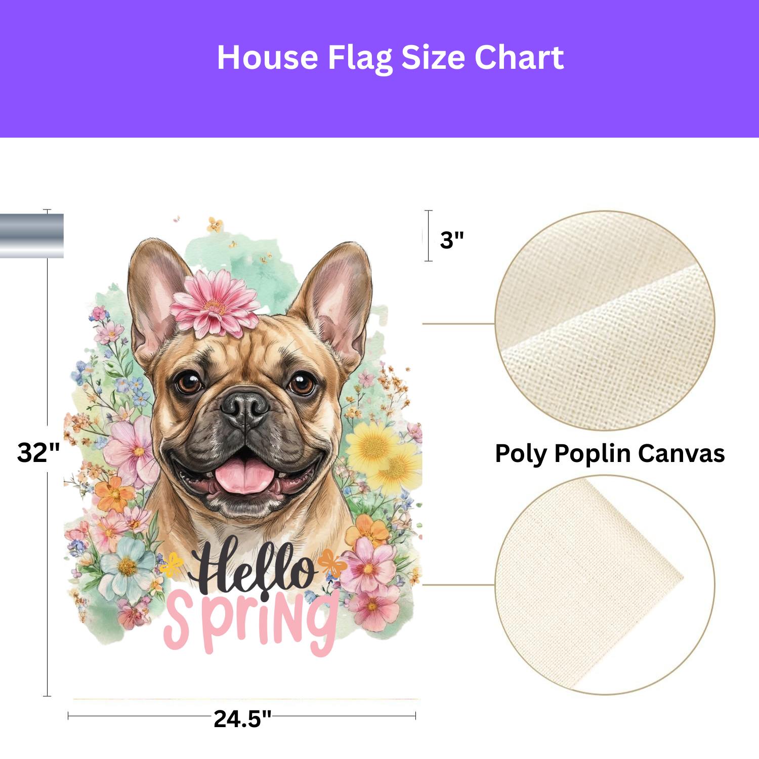 Hello Spring Flower French Bulldog Garden Flag - size comparison - Dragonfire Gardens