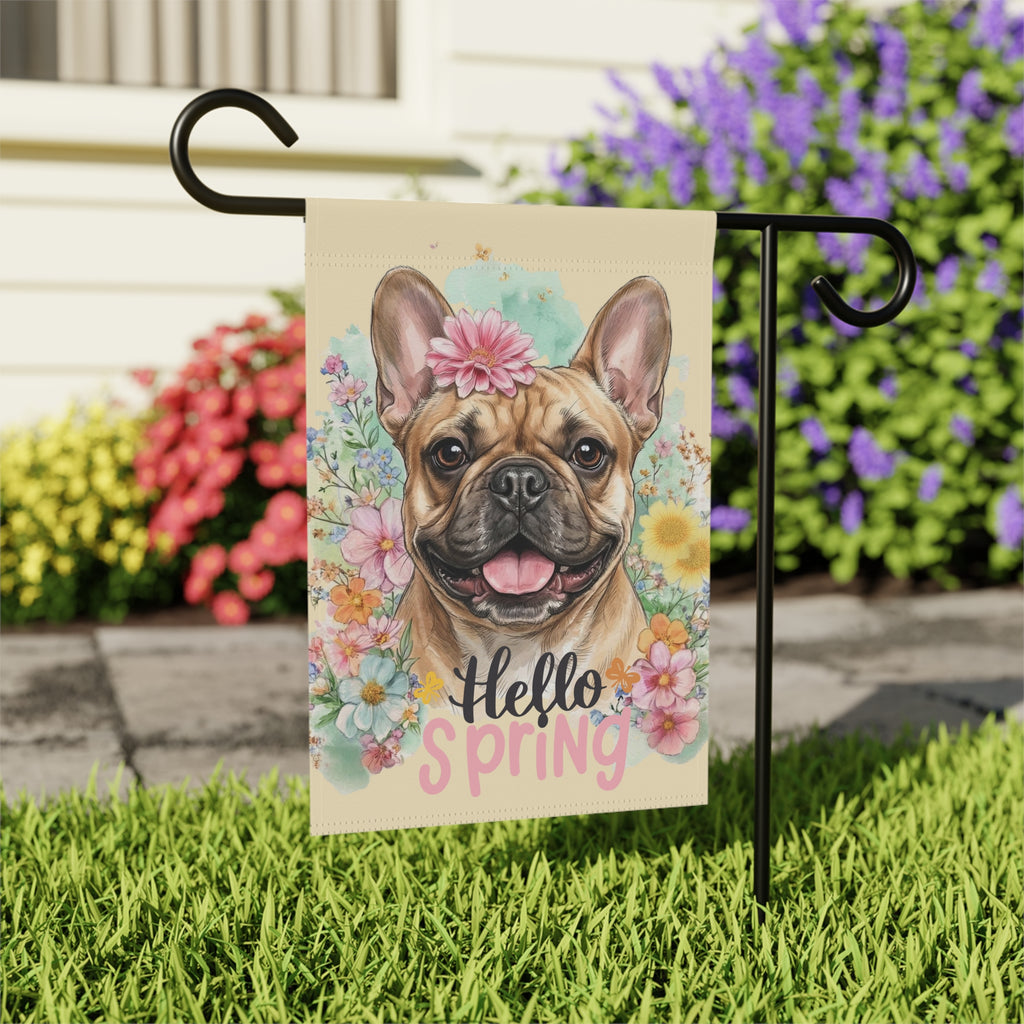 Hello Spring Flower French Bulldog Garden Flag - close-up detail - Dragonfire Gardens