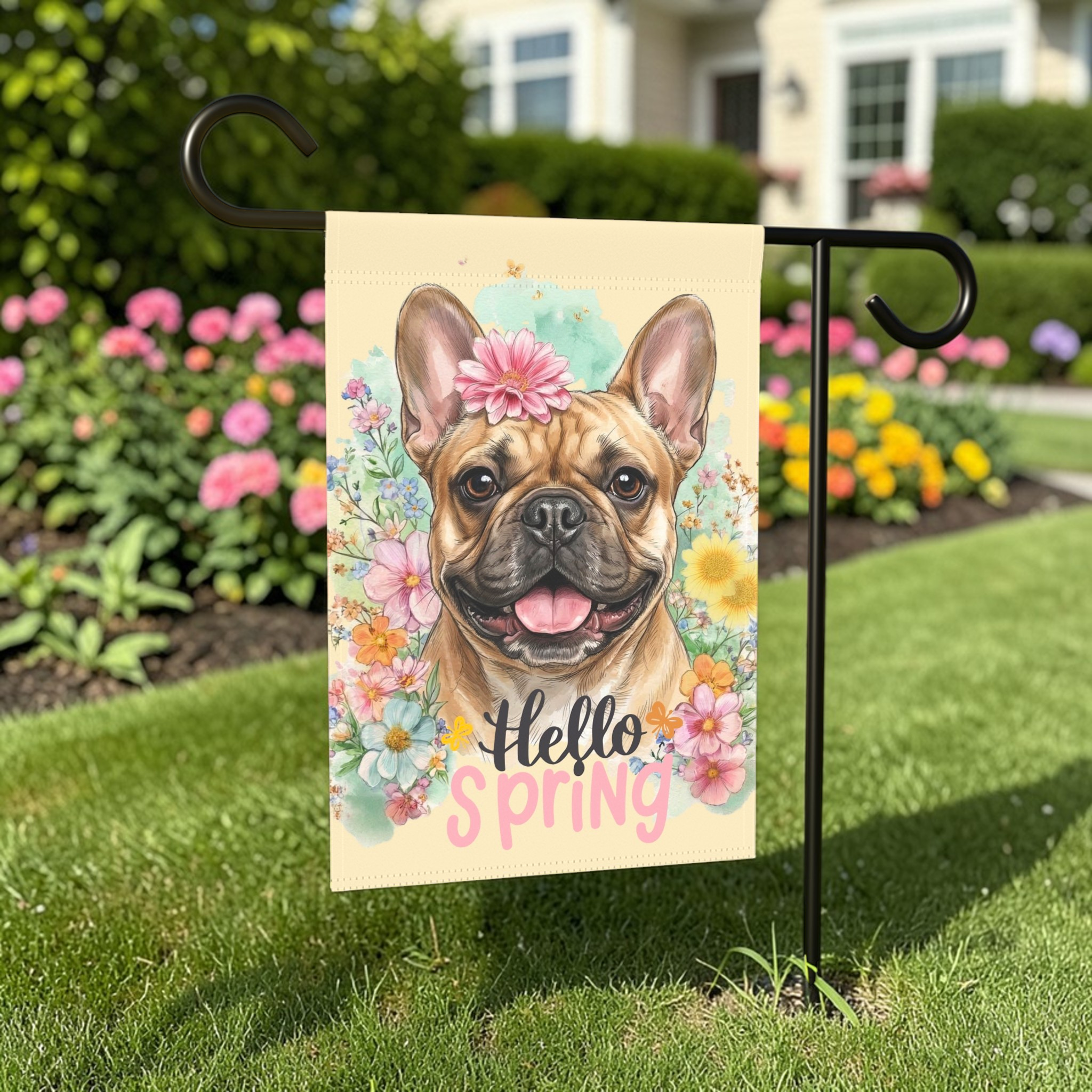 Hello Spring Flower French Bulldog Garden Flag - front view - Dragonfire Gardens